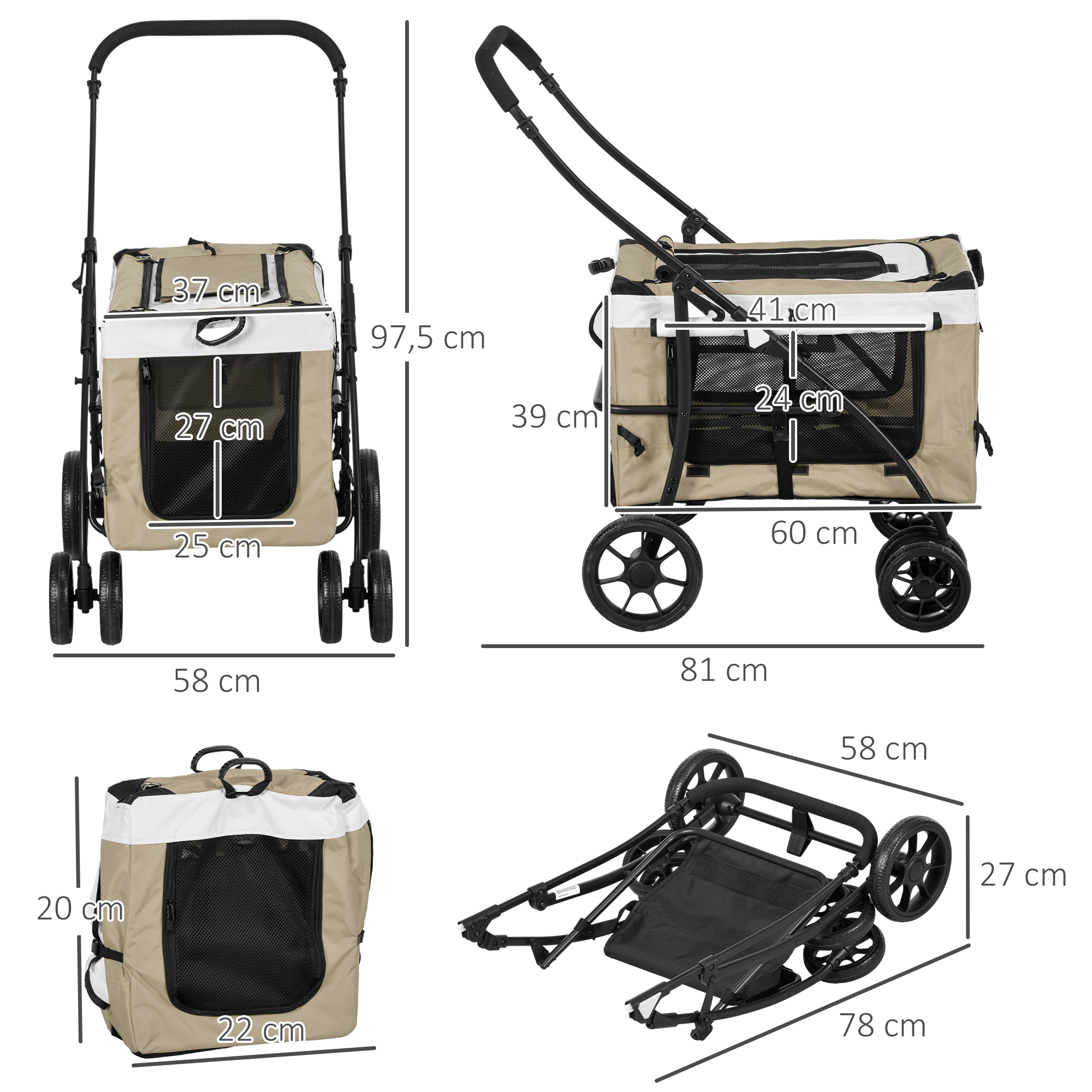 PawHut Hondenbuggy Huisdierbuggy Opvouwbaar met Afneembaar Compartiment, 81 x 58 x 97,5 cm, Zwart+Khaki+Wit