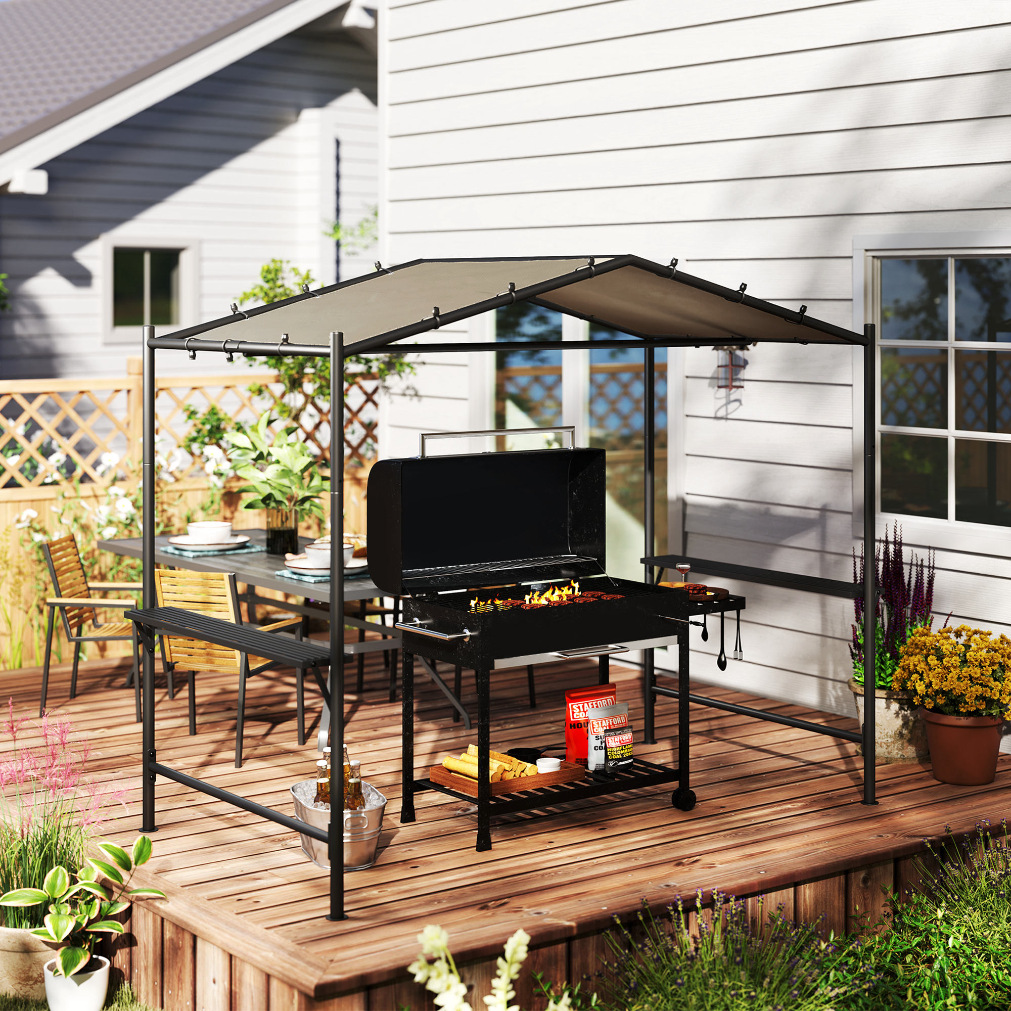Outsunny Grilltent Grilldak, weerbestendig, incl. Zijplanken, 277 x 149 x 230 cm, Khaki