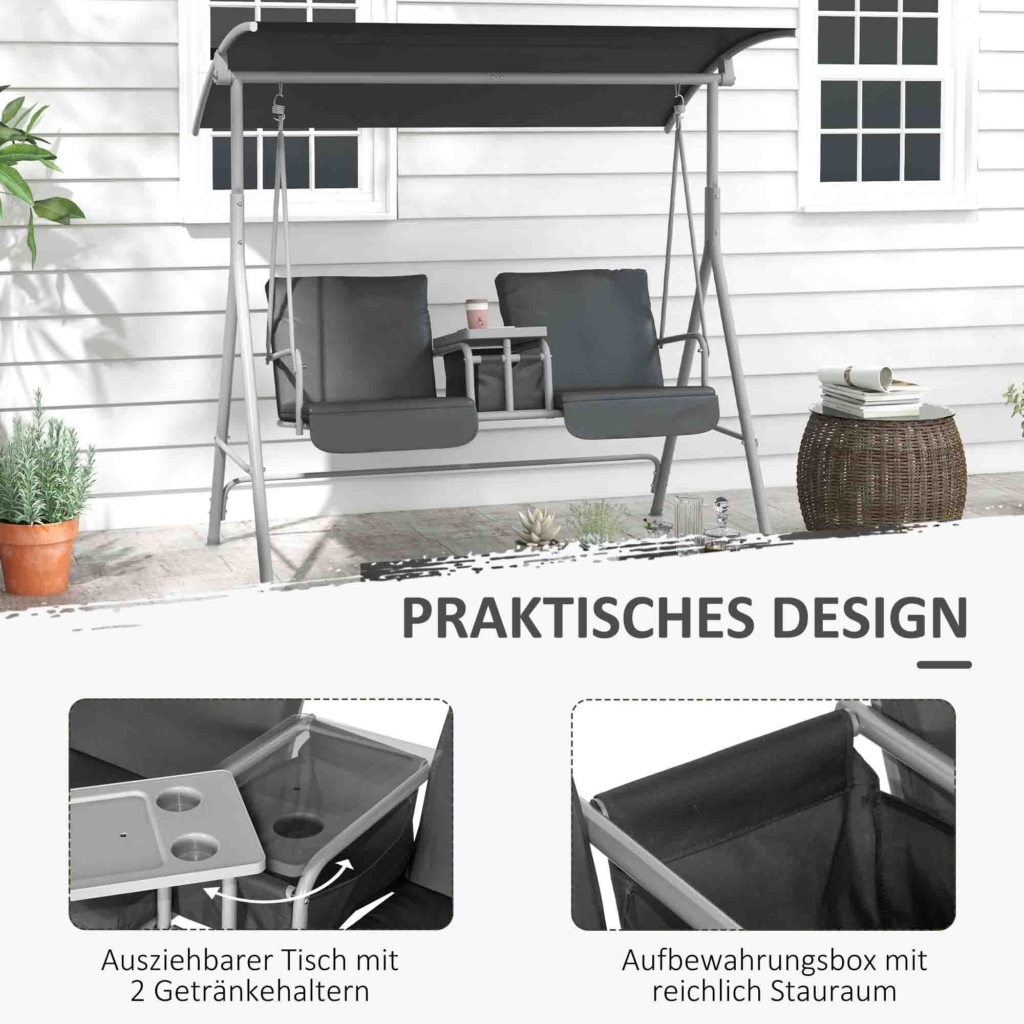 Outsunny Hollywoodschommel, 2-zits, met Dak en Tafel, Metalen Frame, Tot 180 kg, 175x110x165 cm, Zwart