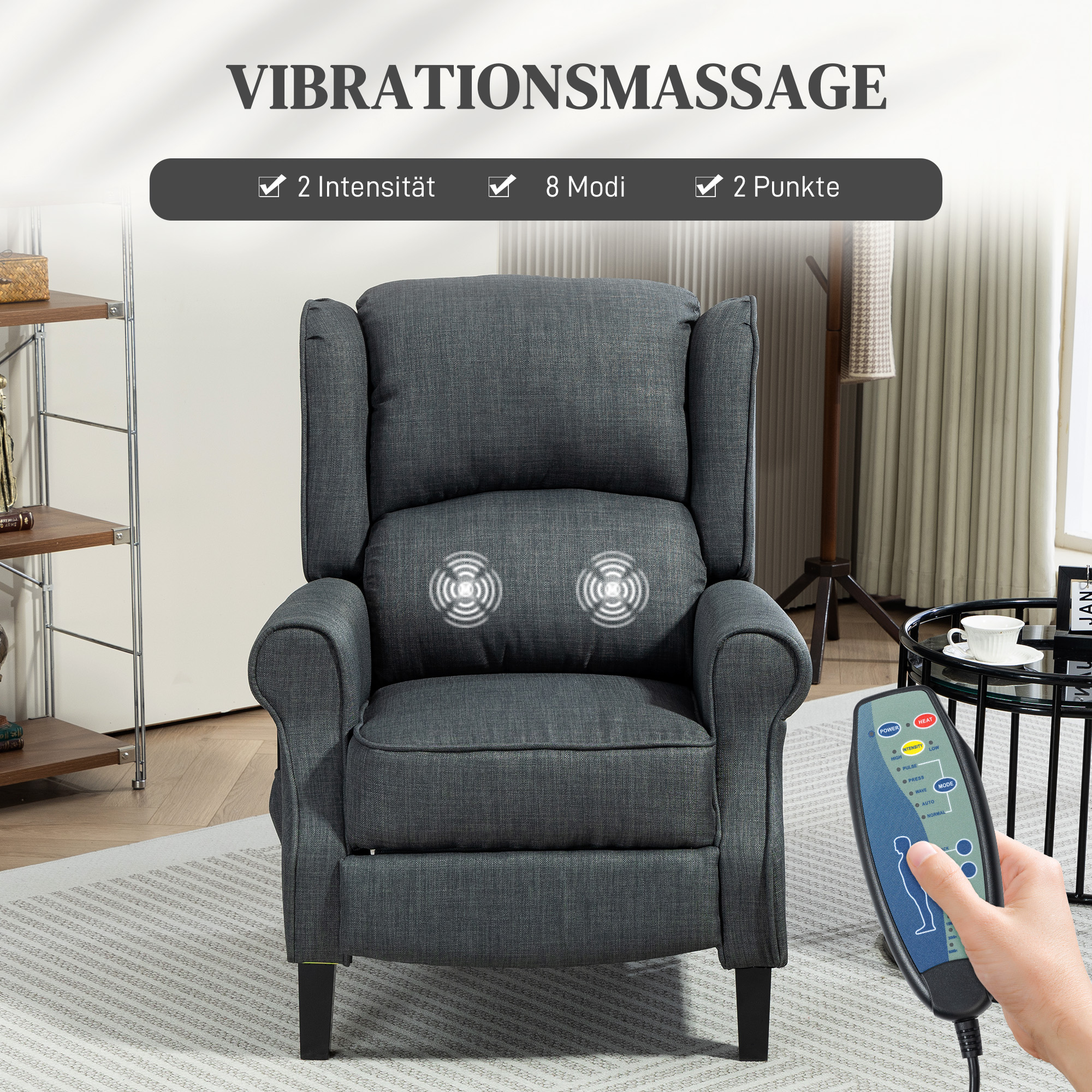 HOMCOM Massagestoel met Verwarmingsfunctie, 2 Massagezones, Ligfunctie, tot 150 kg, Donkergrijs