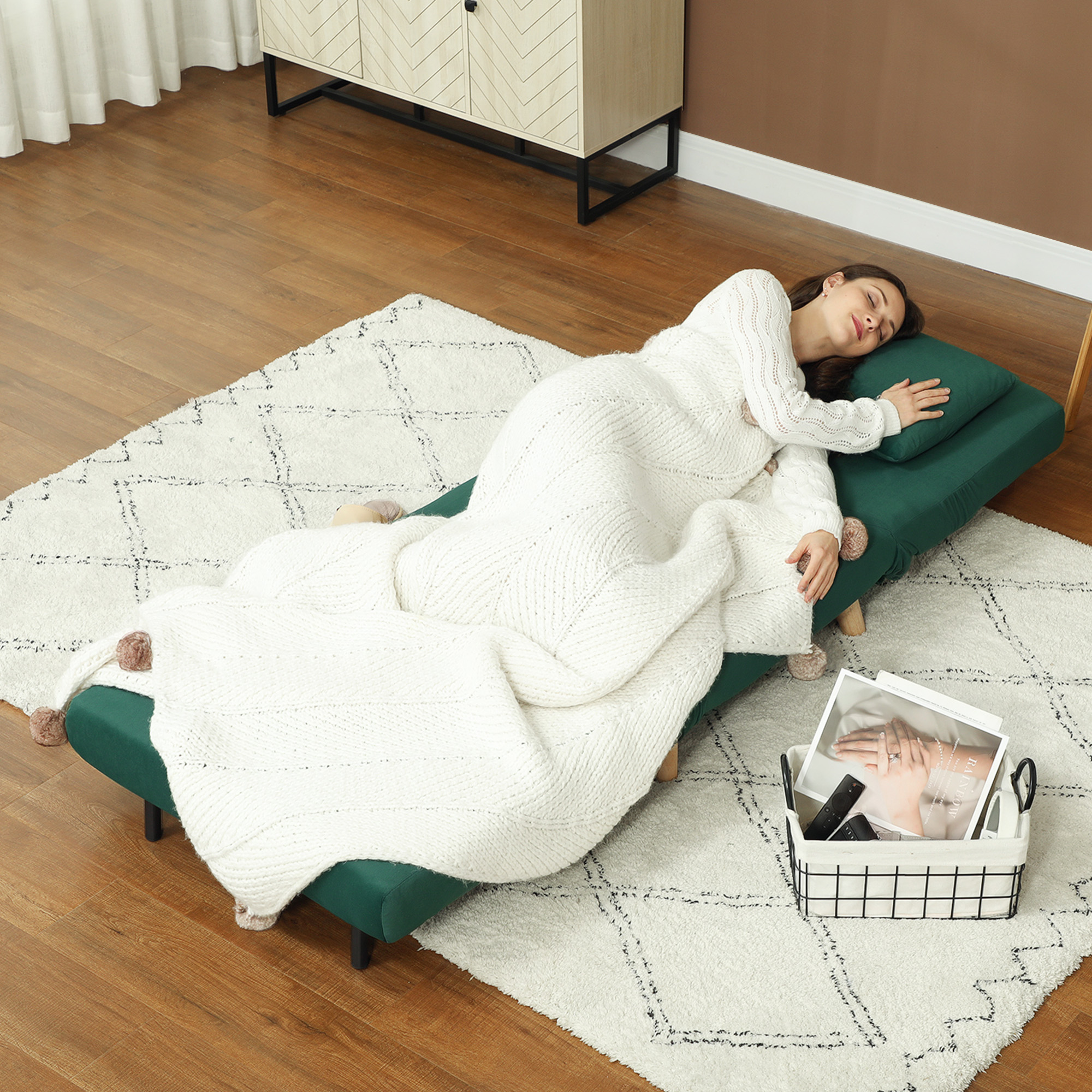 HOMCOM Opklapbare Stoel met Bedfunctie, Opvouwbare Relaxstoel in Fluweel Look, Verstelbare Rugleuning, tot 120 kg Belastbaar, Donkergroen