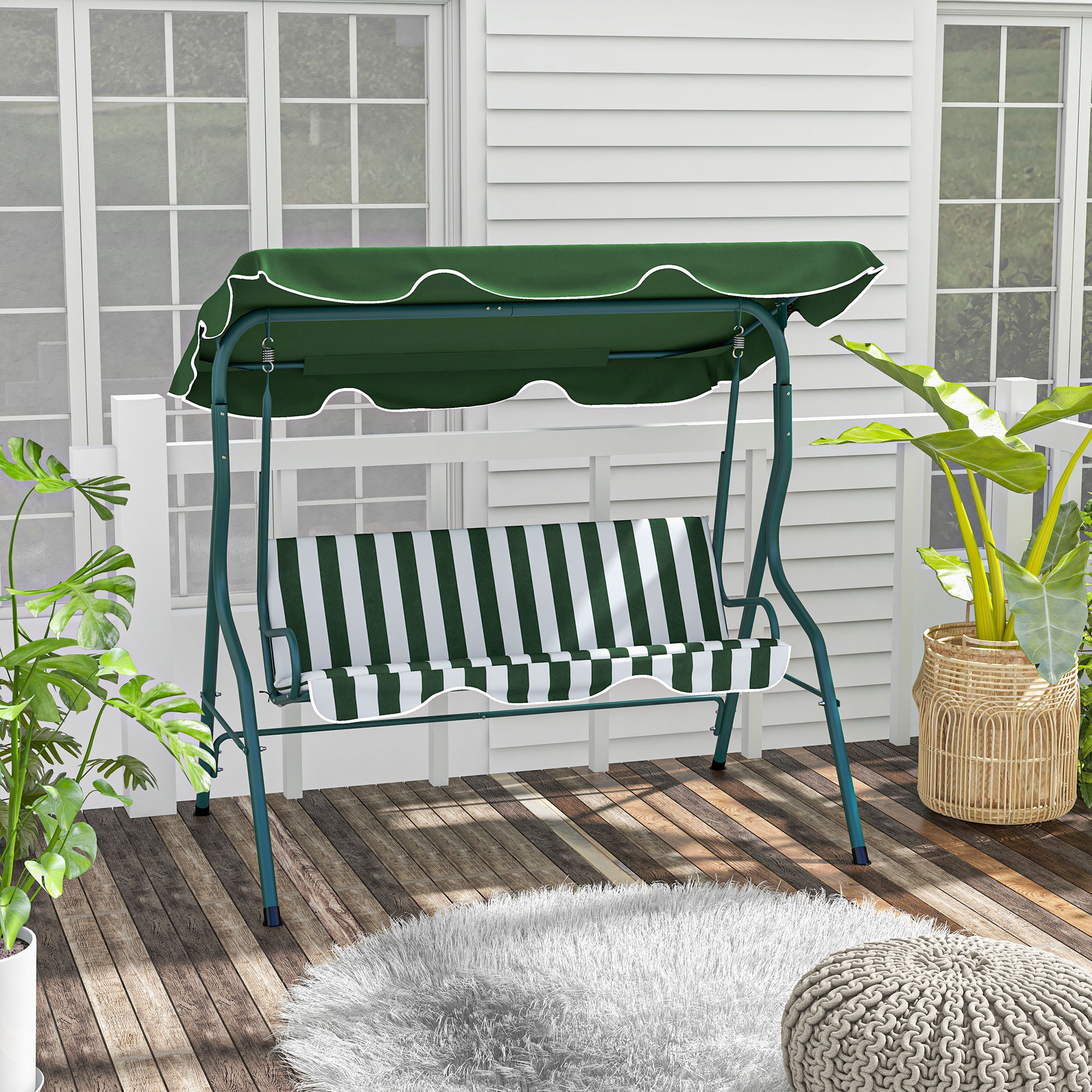 Outsunny 3-zits Hollywoodschommel Tuinligbed Schommelbank, weerbestendig, 172 cm x 110 cm x 153 cm, Groen + Wit
