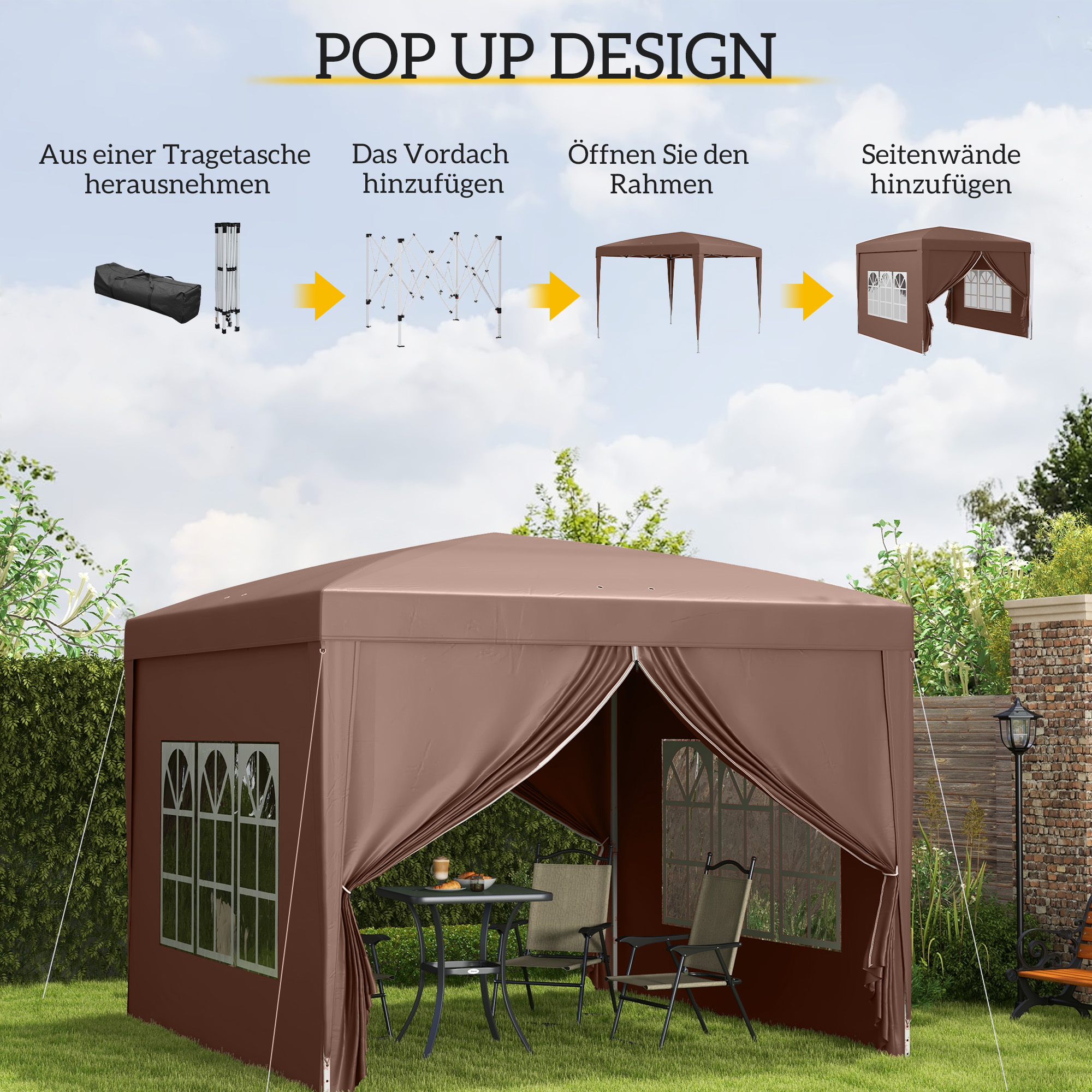 Outsunny 3 x 3 m Paviljoen met 4 zijwanden, ramen, feesttent met UV-bescherming, tuinpaviljoen incl. draagtas, Staal, Koffie