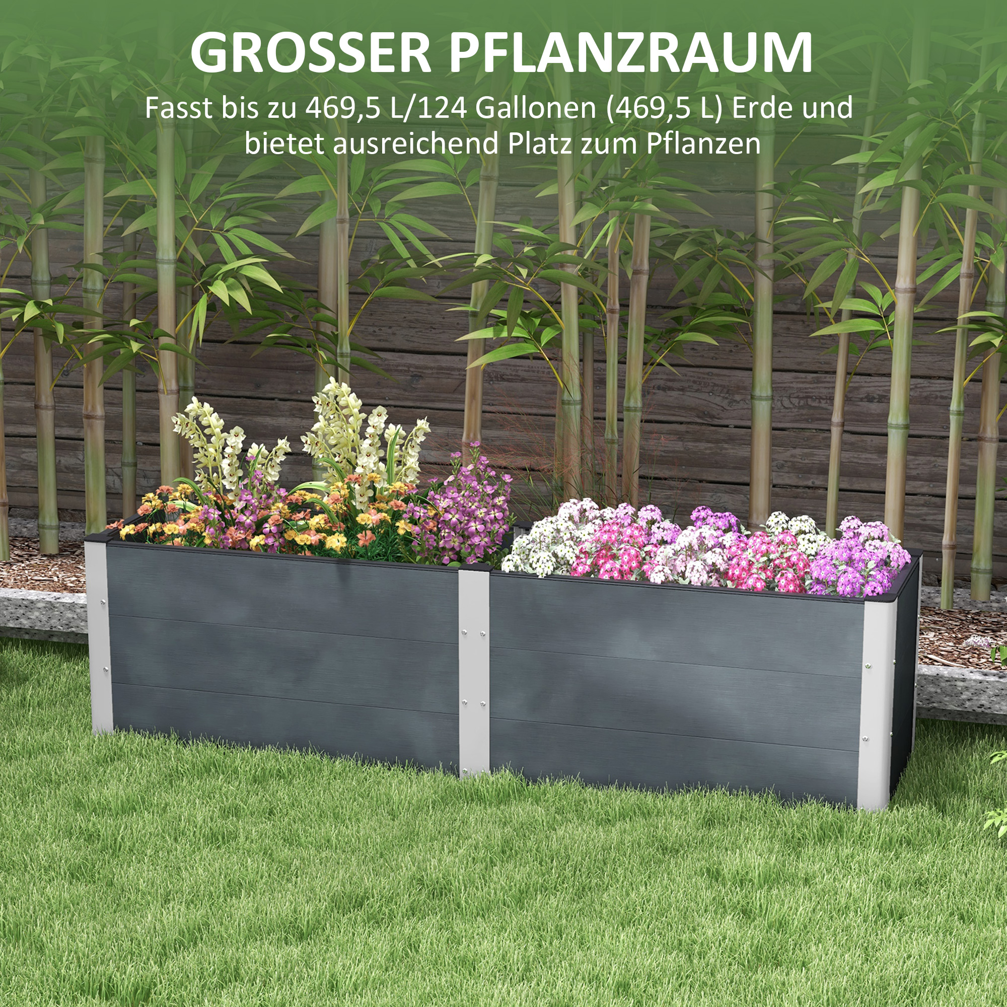 Outsunny Hoge plantenbak met open bodem, hoge zijkanten, weerbestendig, aluminium frame, 200 x 50 x 56 cm, Grijs