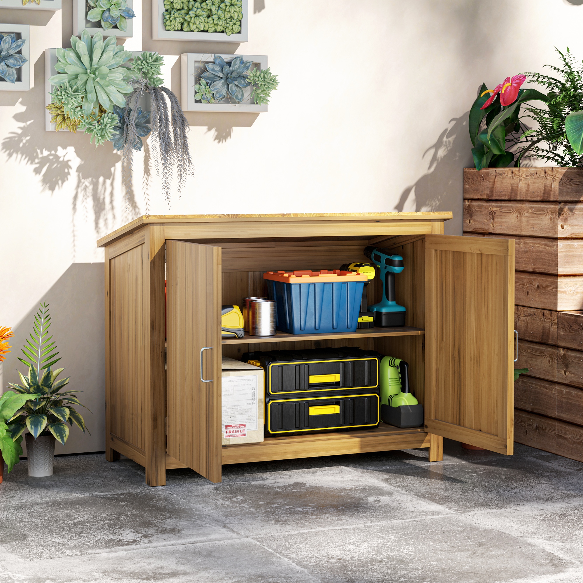 Outsunny Tuinkast, Houten Kommode met 2 Planken voor Tuin, Terras, Weerbestendig, 110 x 50 x 85 cm, Bruin