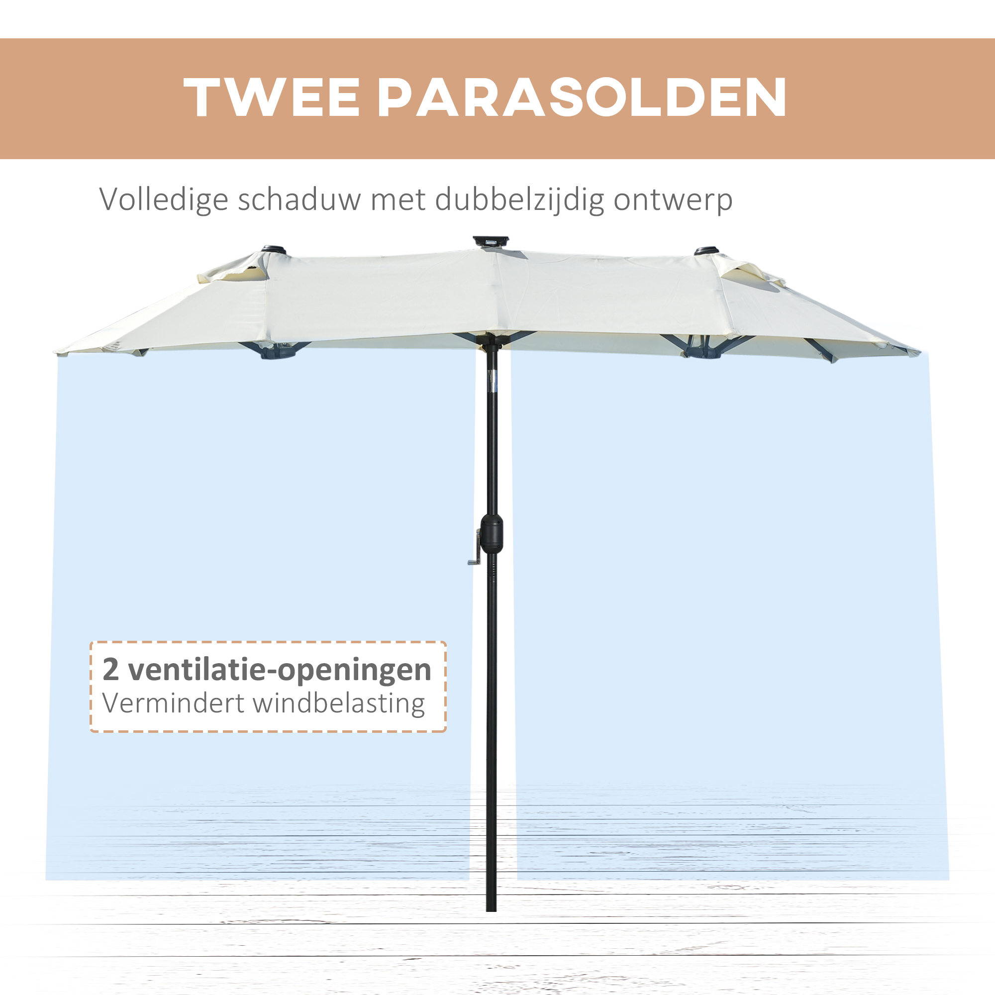 Outsunny dubbele zonwering, terrasscherm, kantelbaar, met zonnepaneel, 35 LED's, stalen frame, beige, 2,95 x 1,50 x 2,19 m