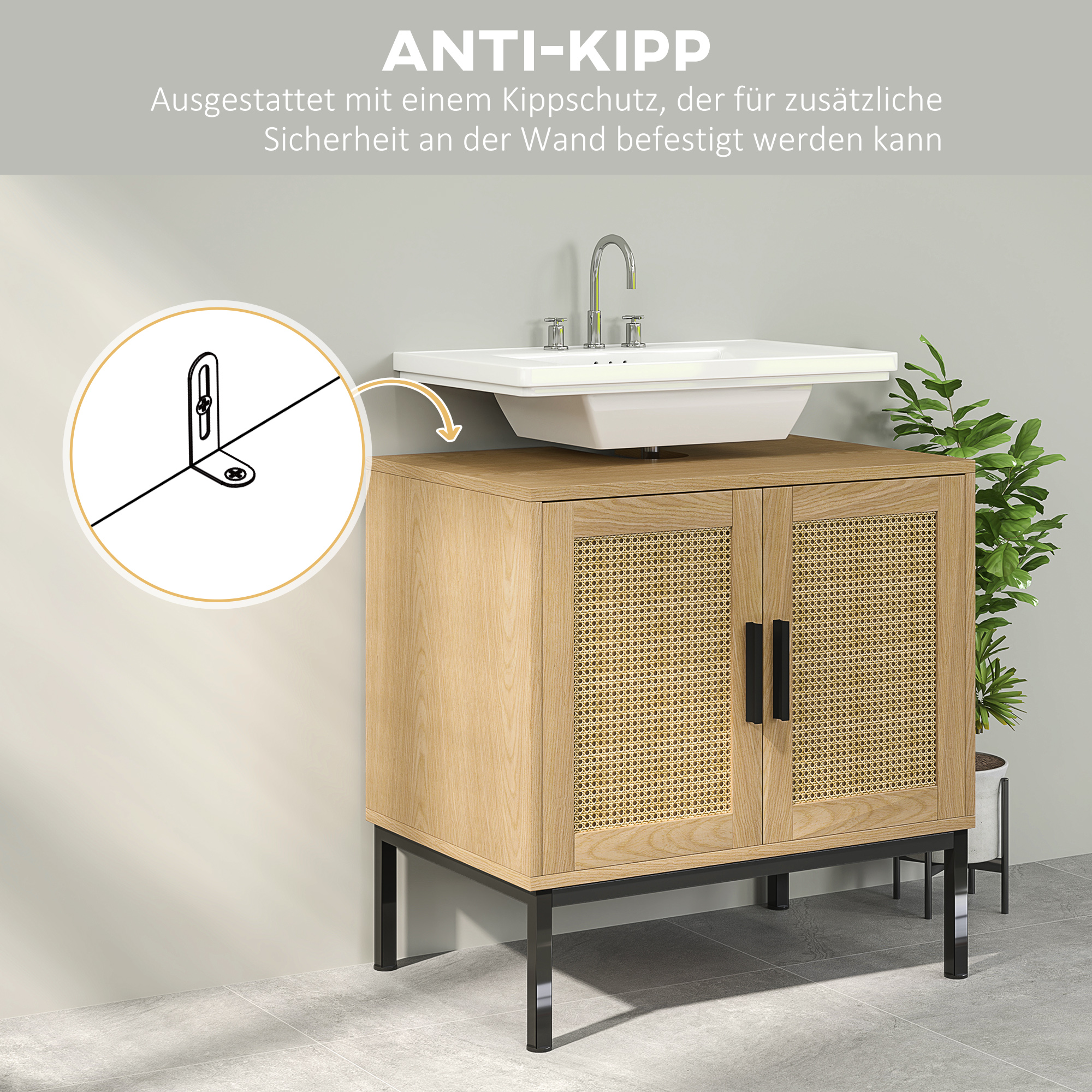kleankin Badkameronderkast in Boho-ontwerp, Badkamerkast met Rieten Elementen, met U-vormige Uitsparing, Eiken