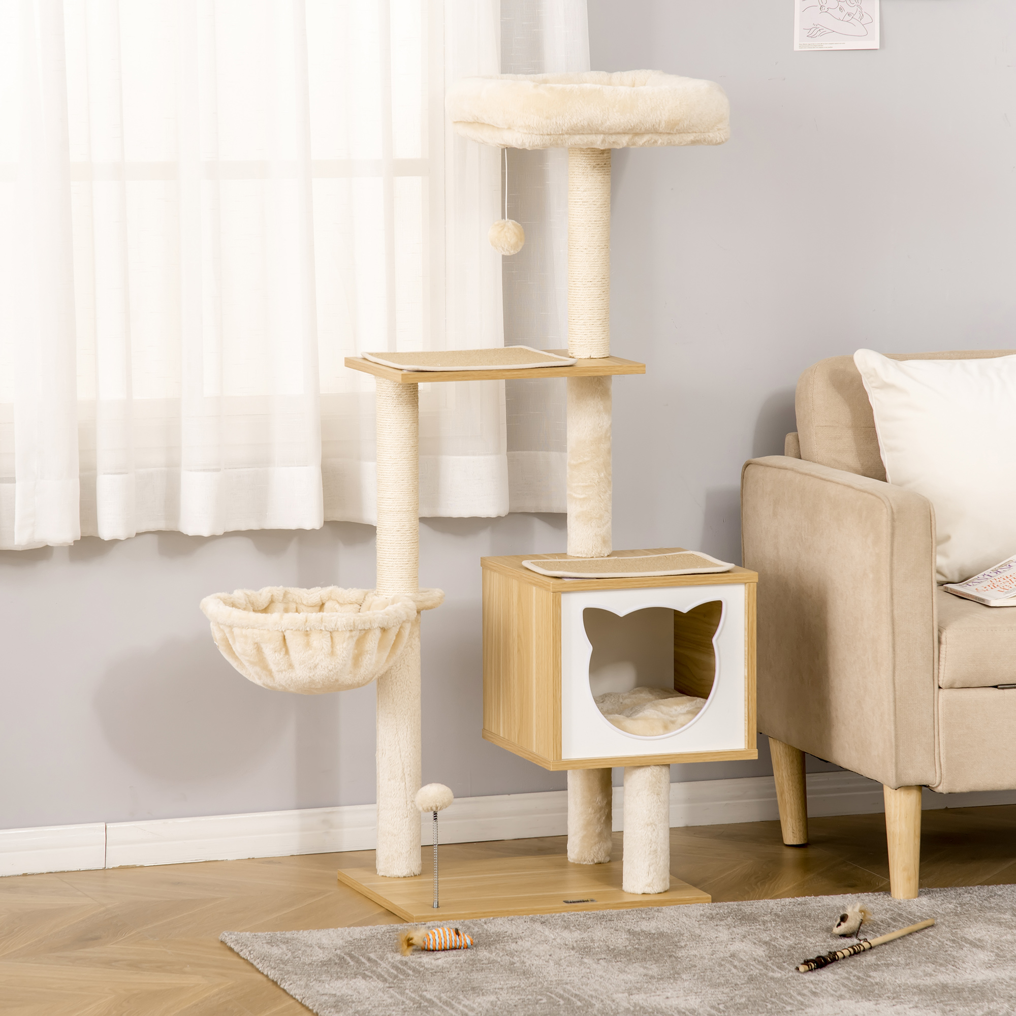 PawHut kattenkrabpaal kattenspeelgoed klimboom spaanplaat sisal kort pluche beige 48 x 40 x 126 cm