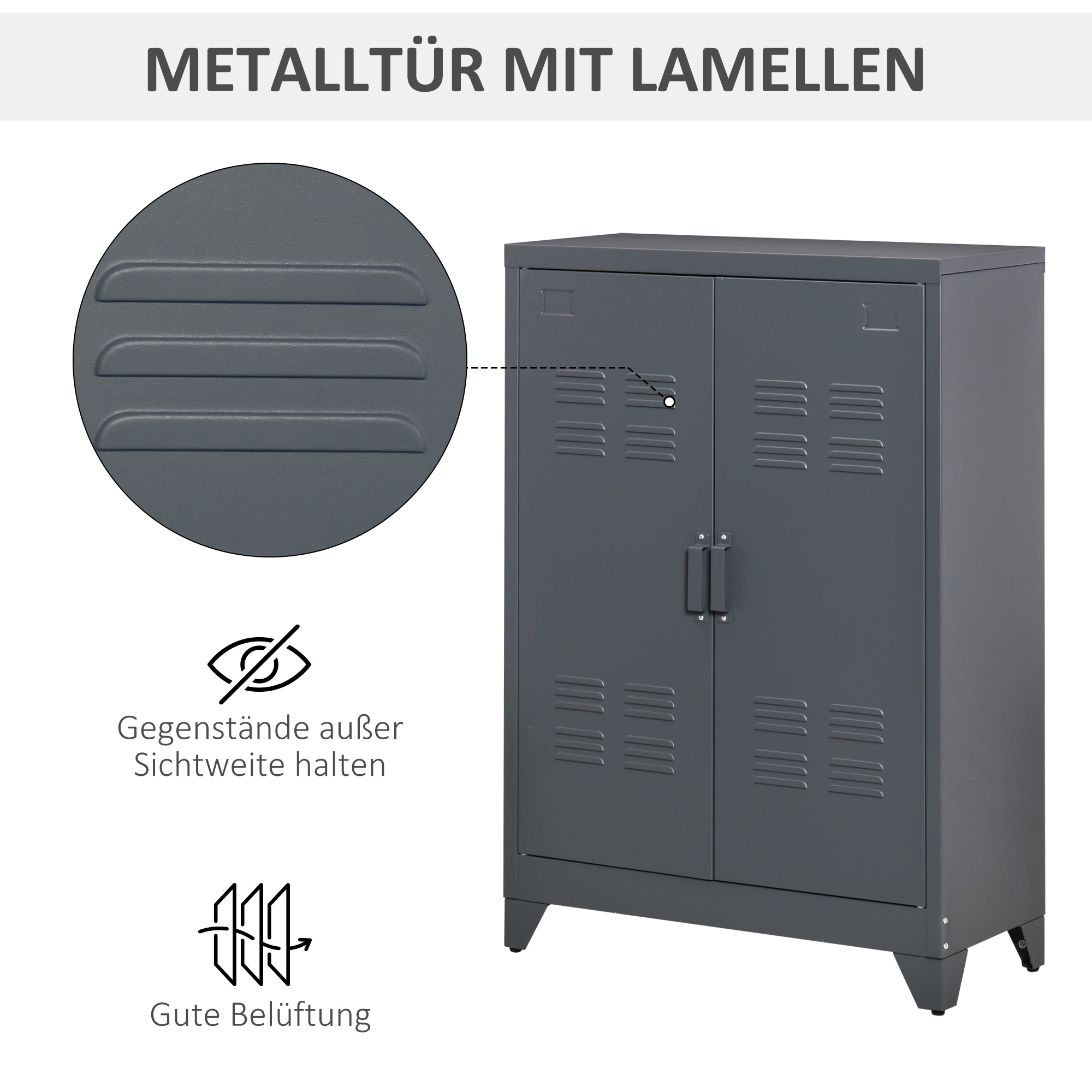 HOMCOM Dossierkast met Lamellendeuren, Opslagschrank, Metalen Schrank met 2 verstelbare planken, 75 x 33 x 110 cm, Grijs