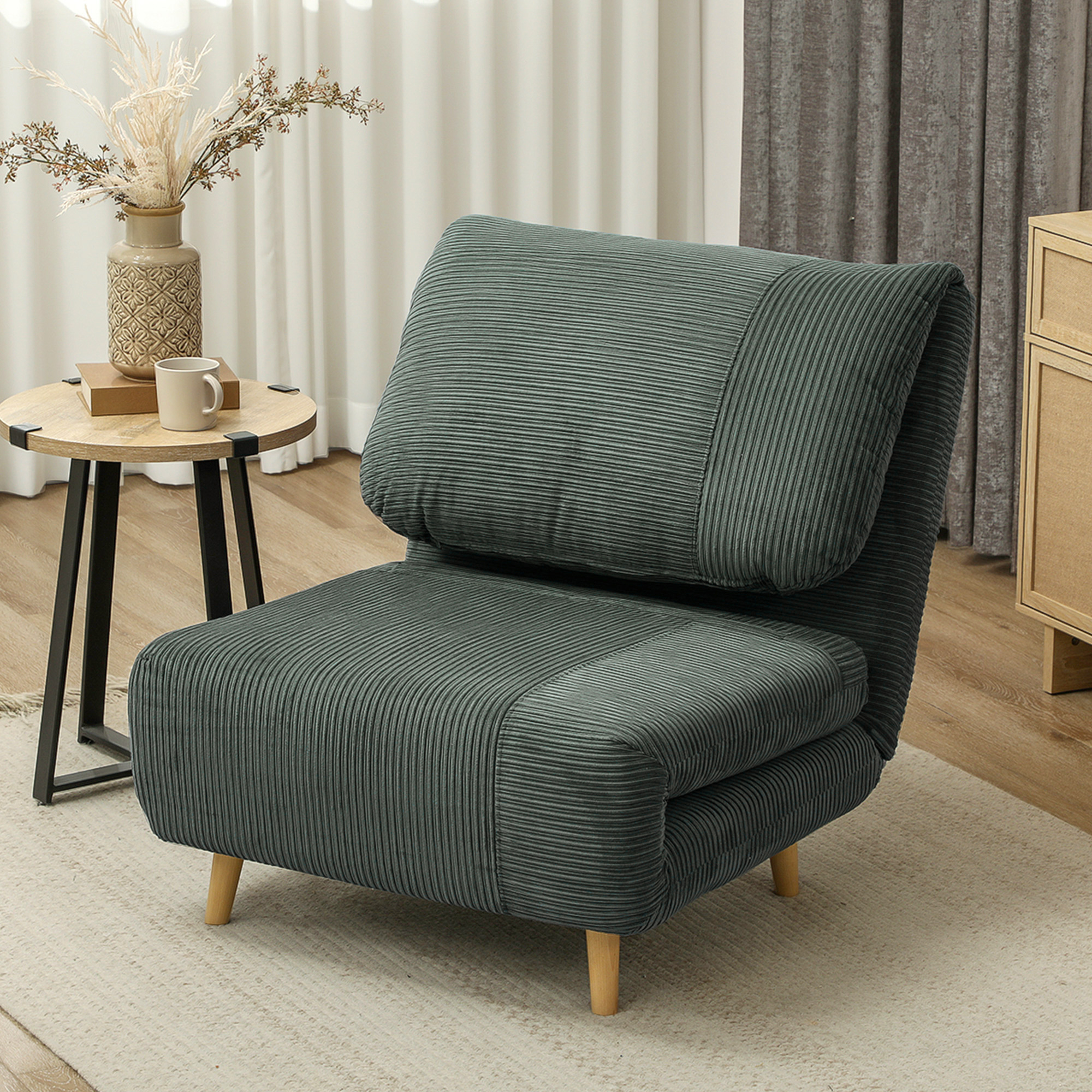 HOMCOM 2-in-1 Slaapfauteuil en Gastenbed, Verstelbare Hoofdsteun Ribfluweel 82 cm x 89 cm x 83 cm Groen