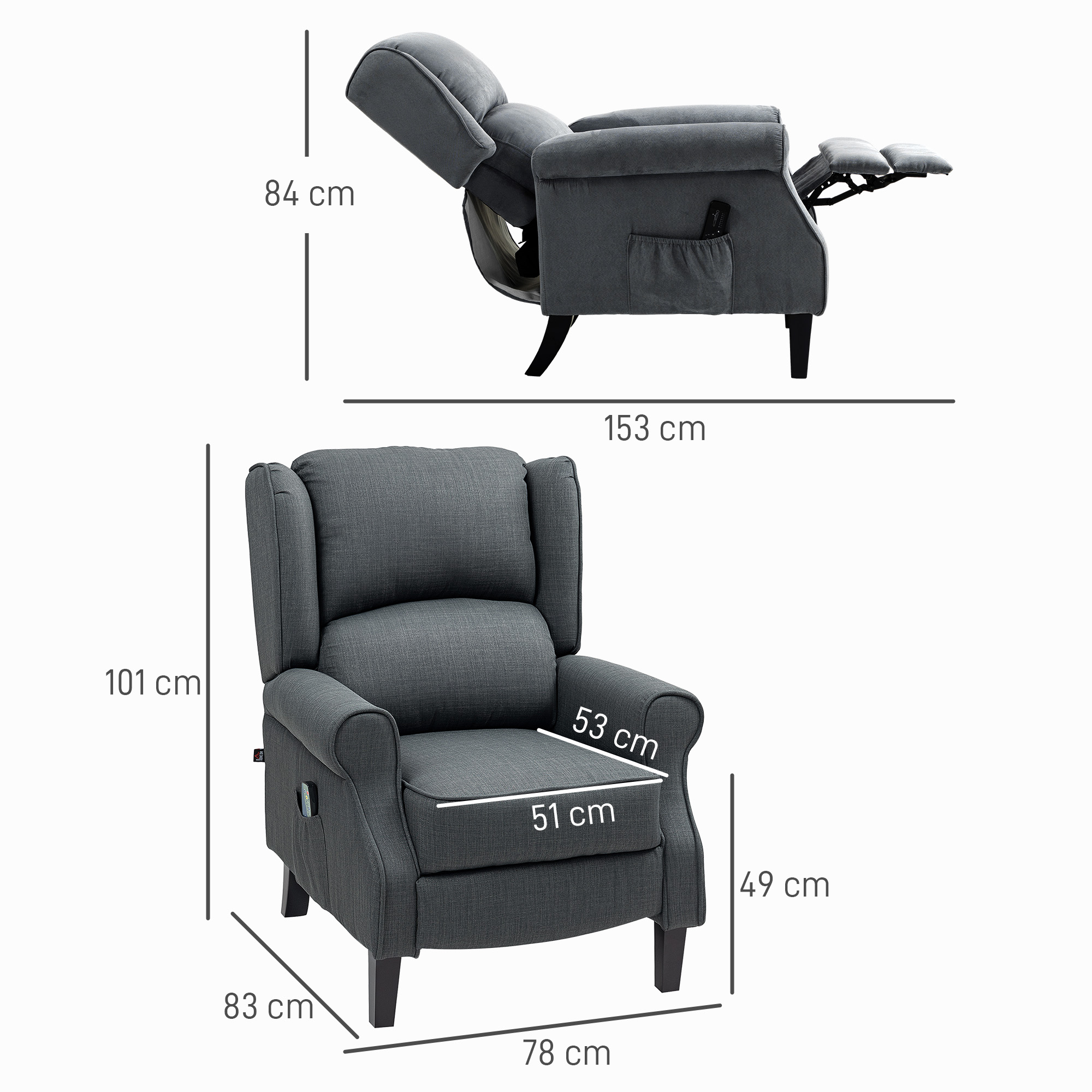 HOMCOM Massagestoel met Verwarmingsfunctie, 2 Massagezones, Ligfunctie, tot 150 kg, Donkergrijs