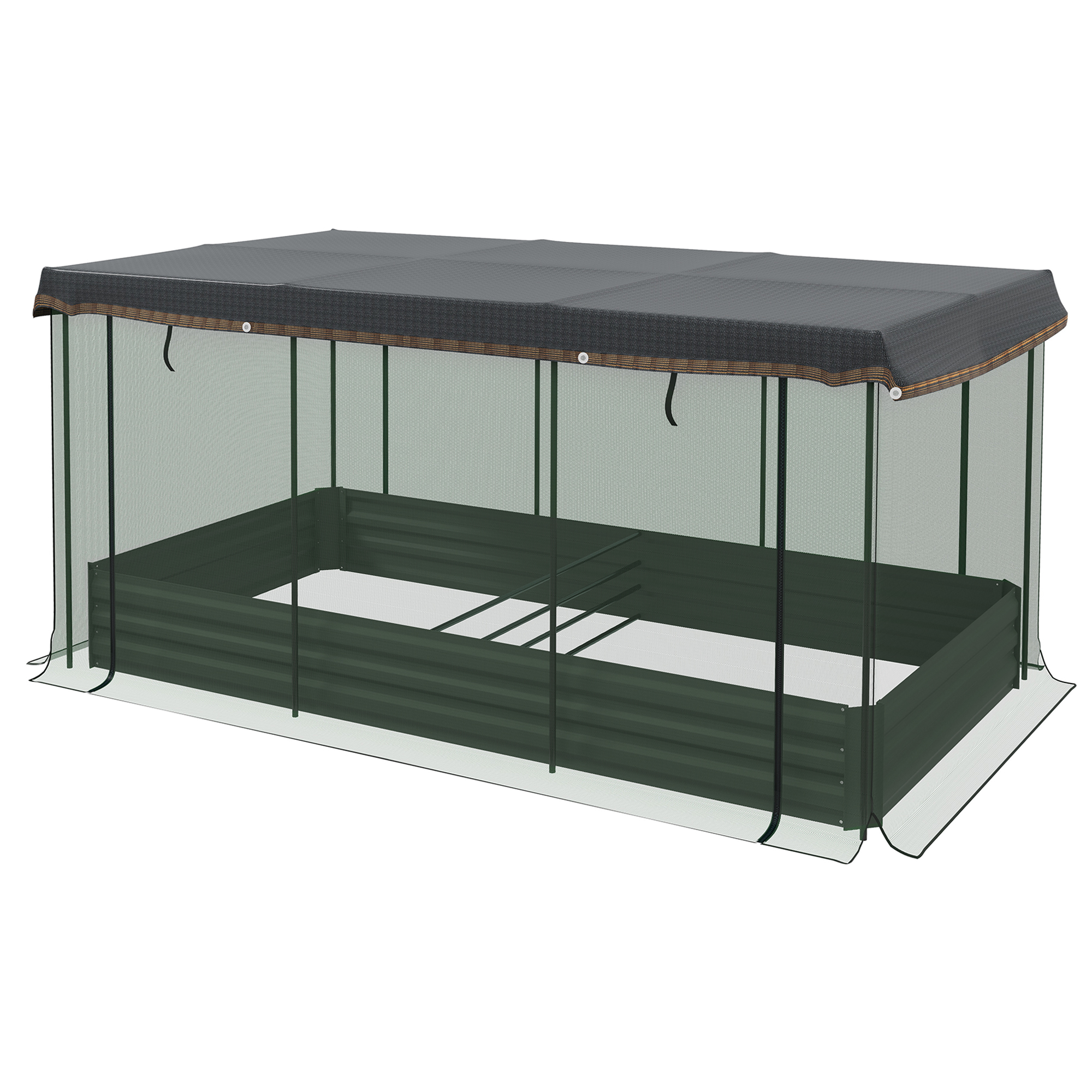 Outsunny Hoge plantenbak met vogelnet en zonnescherm, metalen behuizing, 230x110x110 cm, Grijs/Groen/Zwart