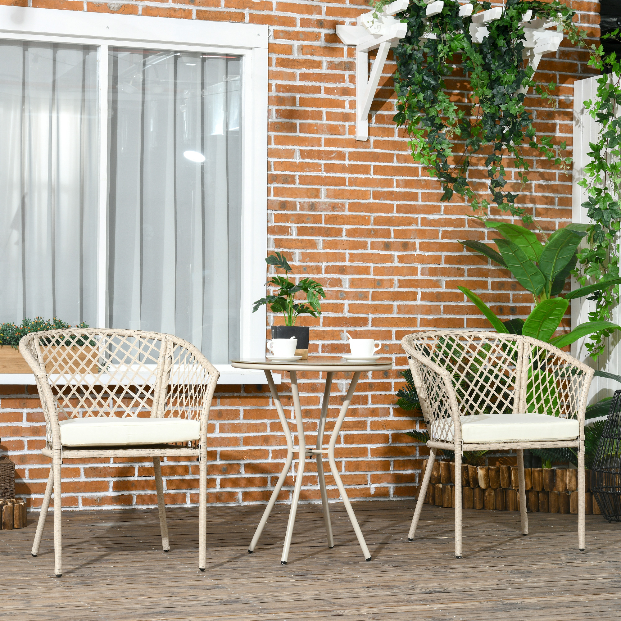 Outsunny Rattan Tuinmeubelset, 2 Stoelen en Tafel, Gehard Glas Tafelblad, PE Rattan, Zitkussens, Metalen Frame, Khaki