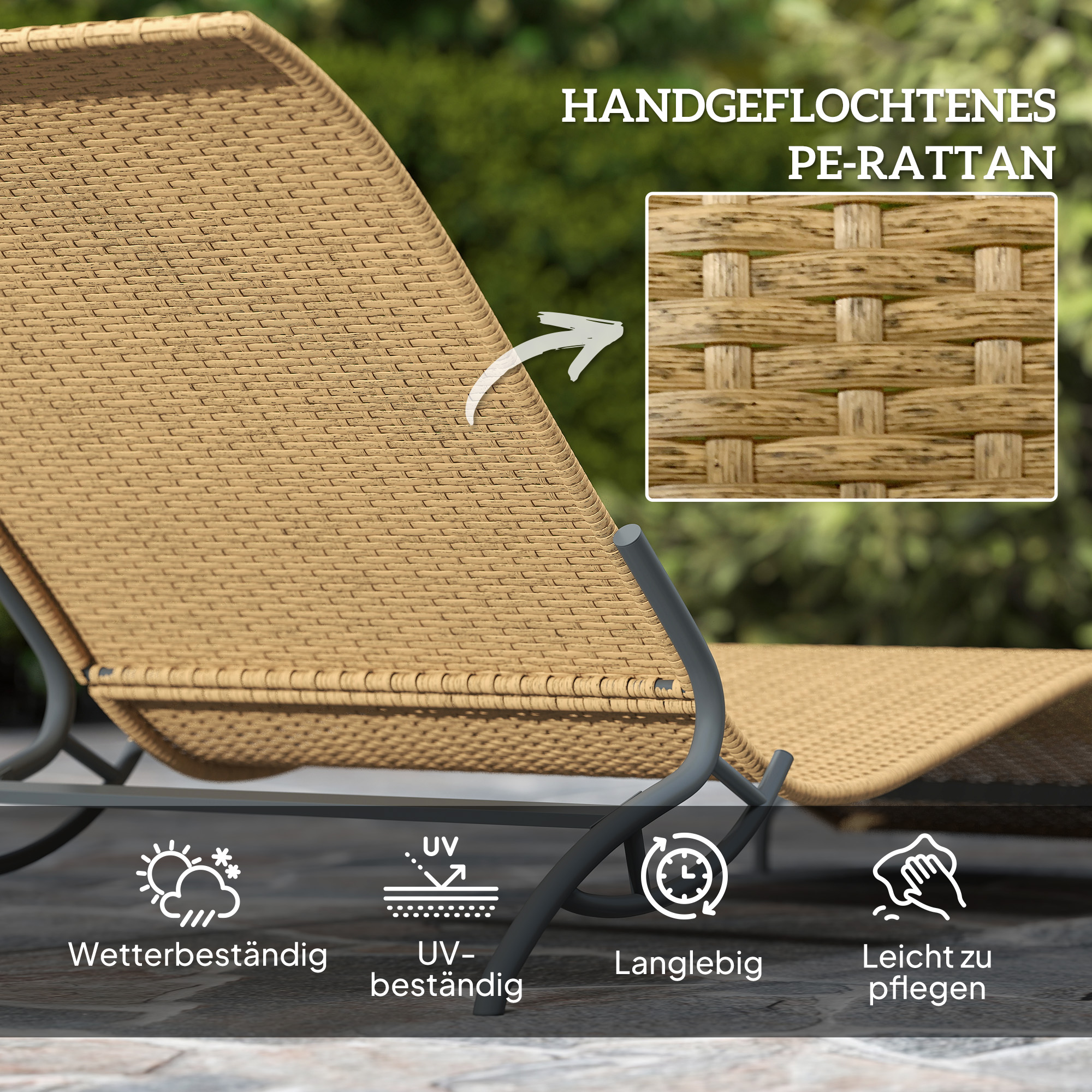 Outsunny Zonnebed Polyrattan Tuinbed met Kussen, Weerbestendig Ligbed 120 kg Draagvermogen 166 x 63 x 76 cm Beige