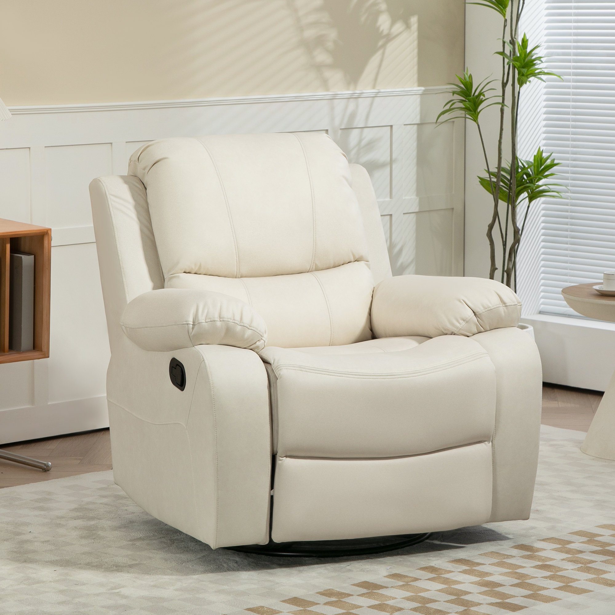 HOMCOM Relaxstoel, verstelbare leuning & voetsteun, draaibaar, tot 150 kg, stalen frame, 93x100x98cm, Crèmewit