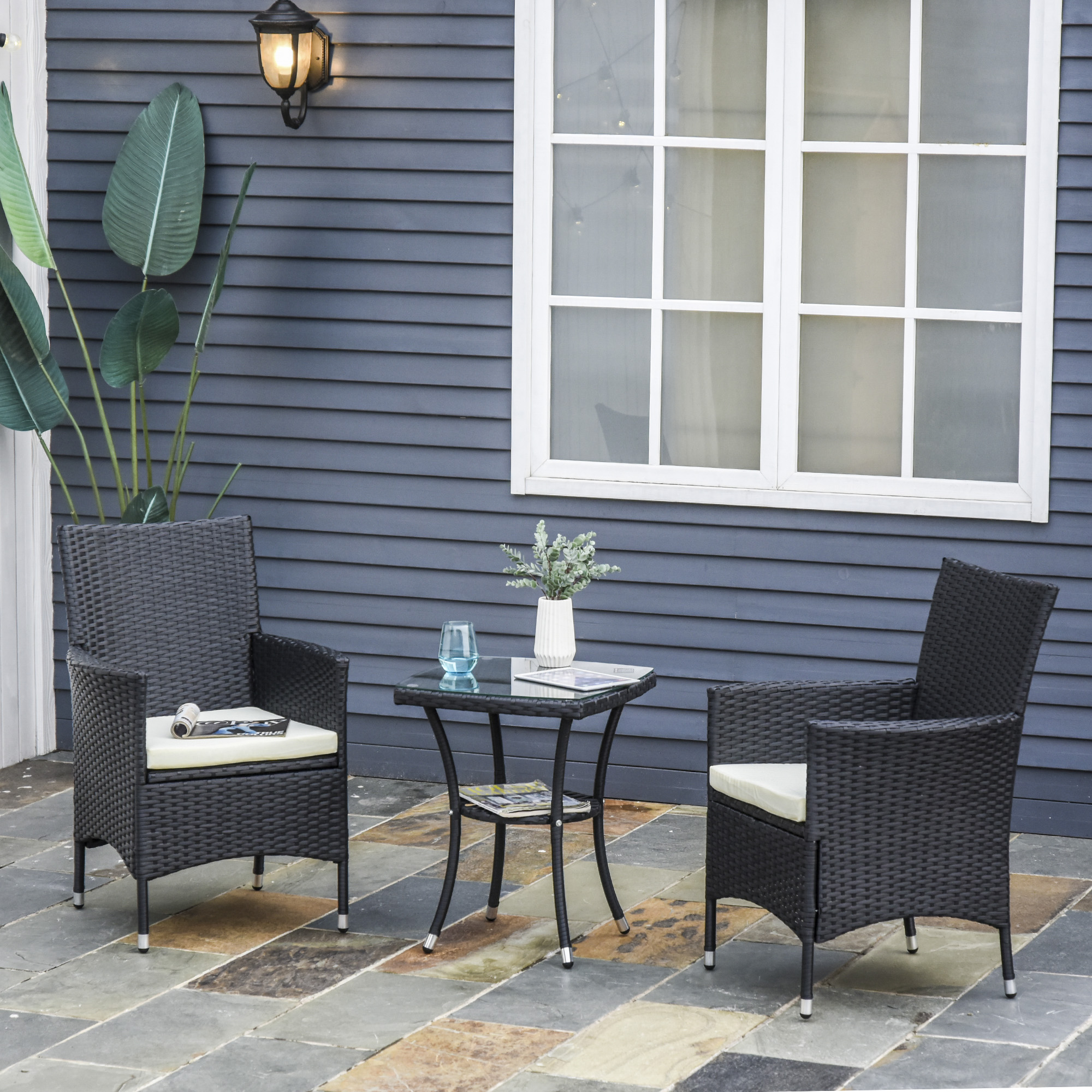 Outsunny 3-delige zitgroep voor in de tuin, rotan tuinset, poly-rotan, zwart