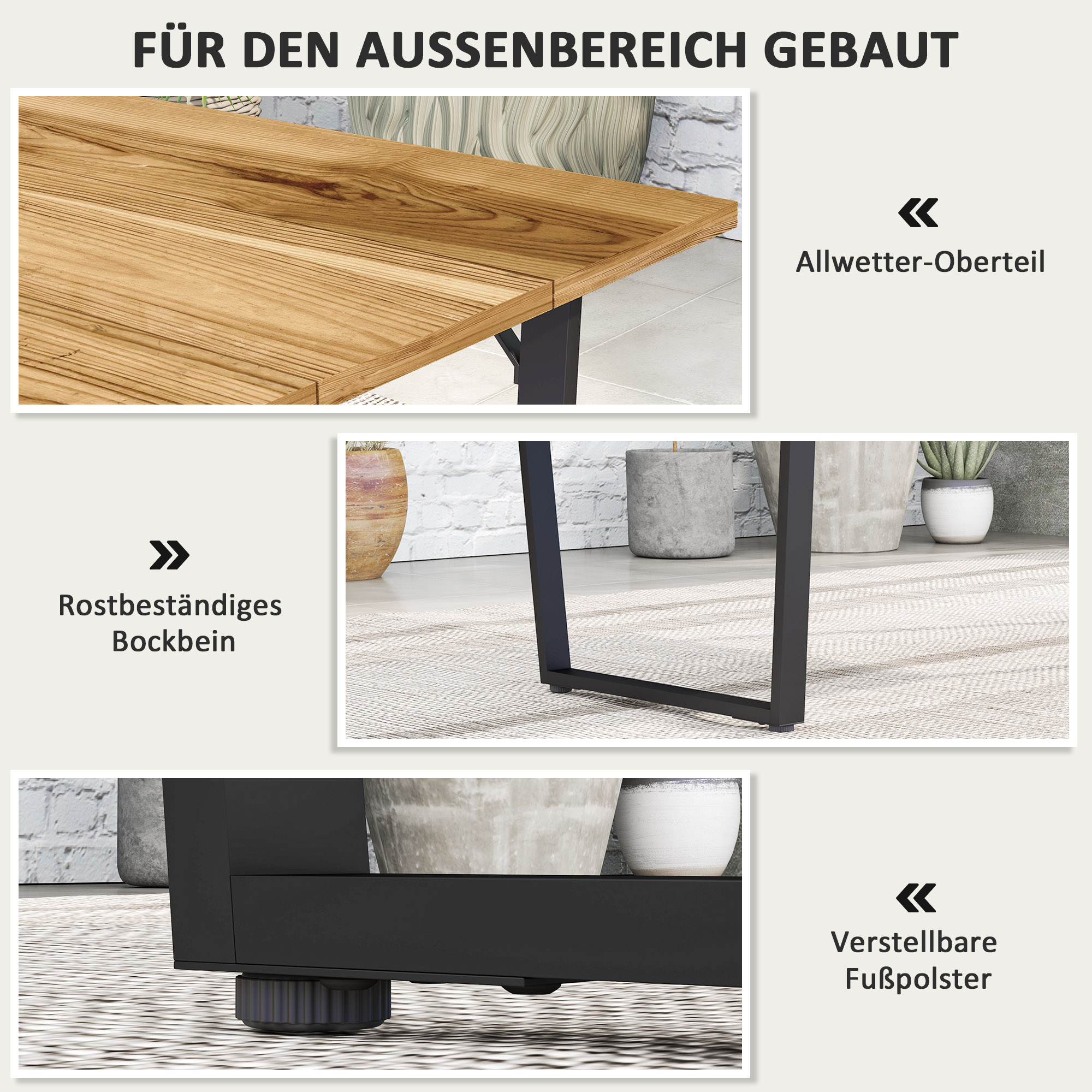 Outsunny Weerbestendige Houten Tuintafel 175x80 cm met Parasolgat voor 6 Personen - Bruin