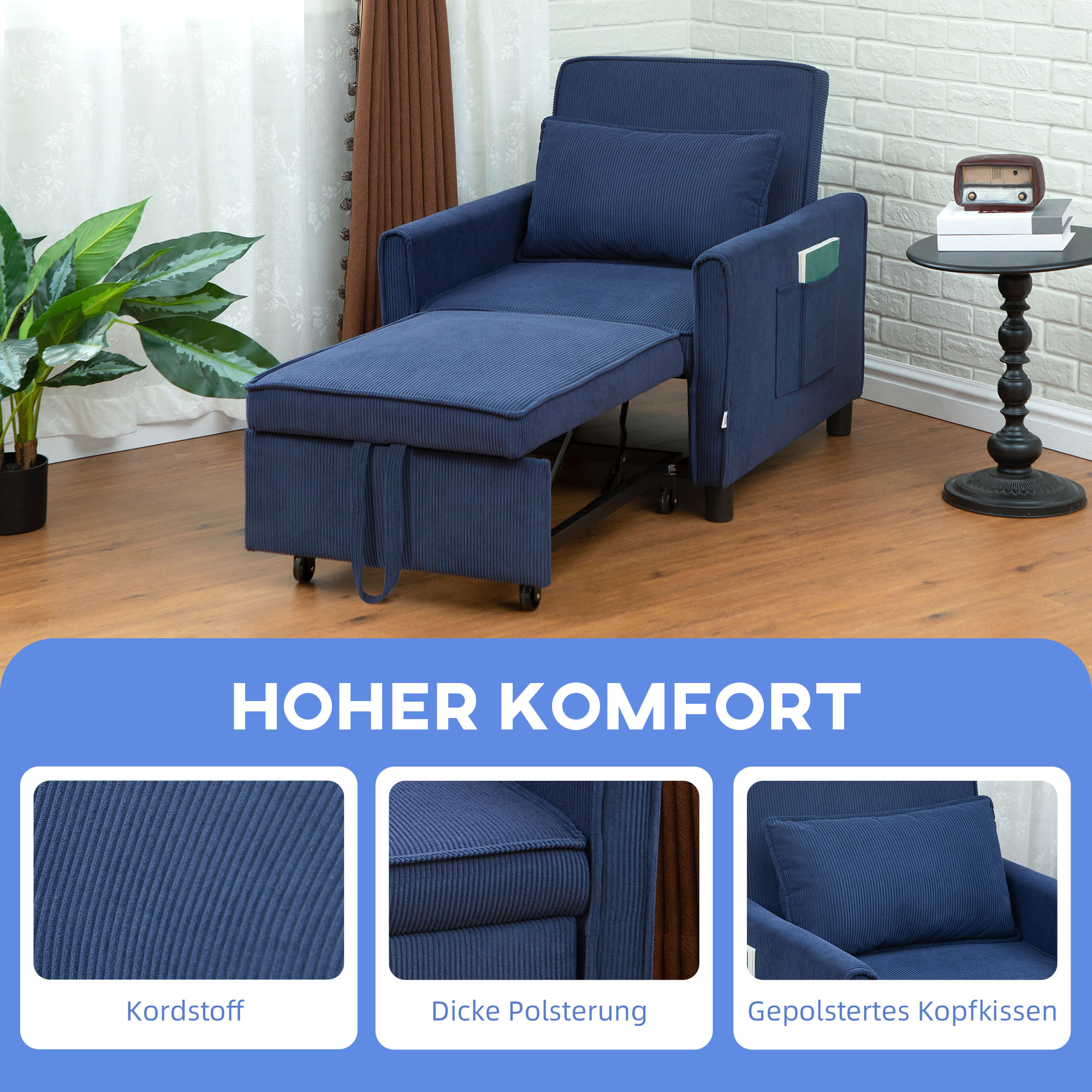 HOMCOM Slaapfauteuil, Verstelbaar, 3 Posities, Corduroy Bekleding, tot 120 kg, Blauw