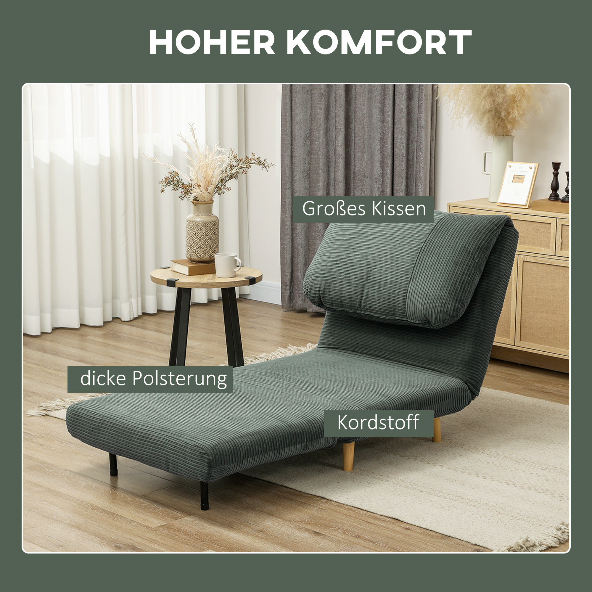 HOMCOM 2-in-1 Slaapfauteuil en Gastenbed, Verstelbare Hoofdsteun Ribfluweel 82 cm x 89 cm x 83 cm Groen