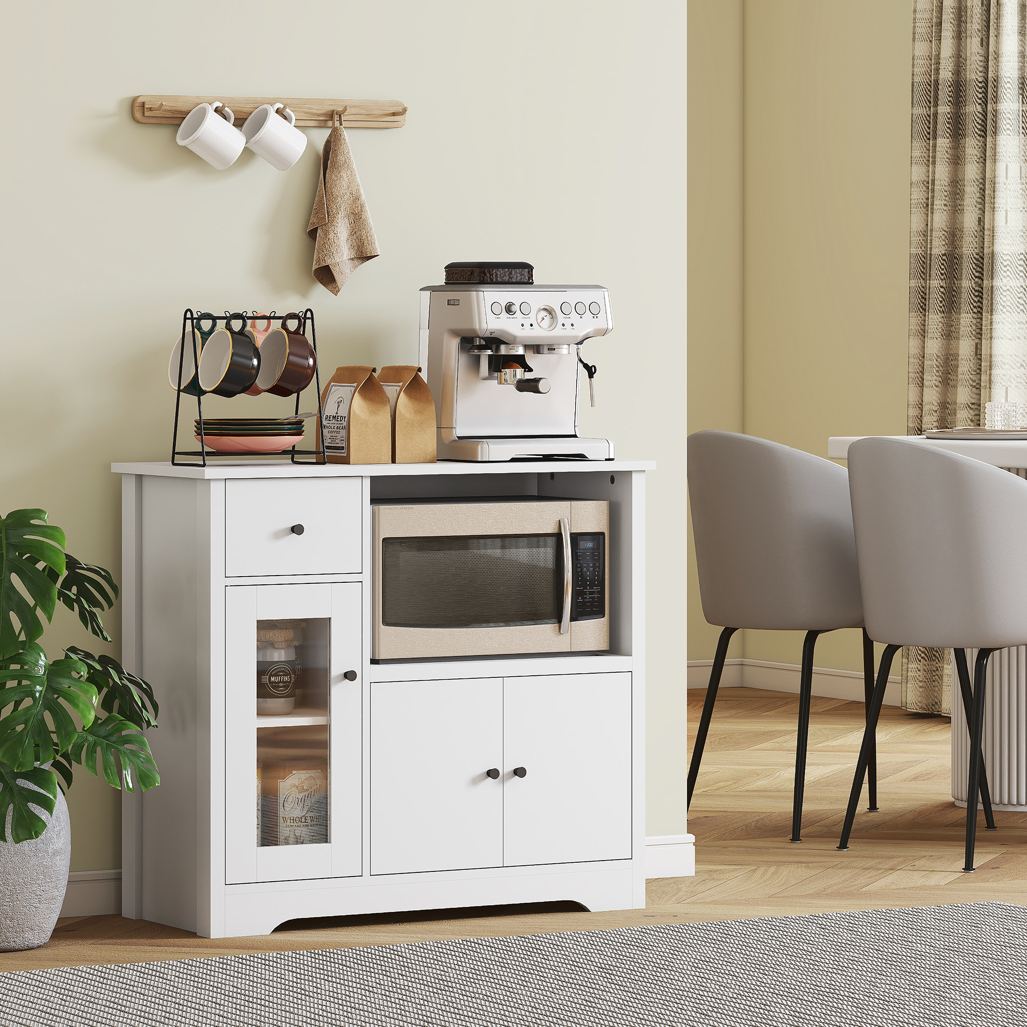 HOMCOM Keukenkast met Kabeldoorvoer, Commode met 2 Kasten, Open Vak, Lade, 80 x 35 x 72,2 cm, Spaanplaat, Wit