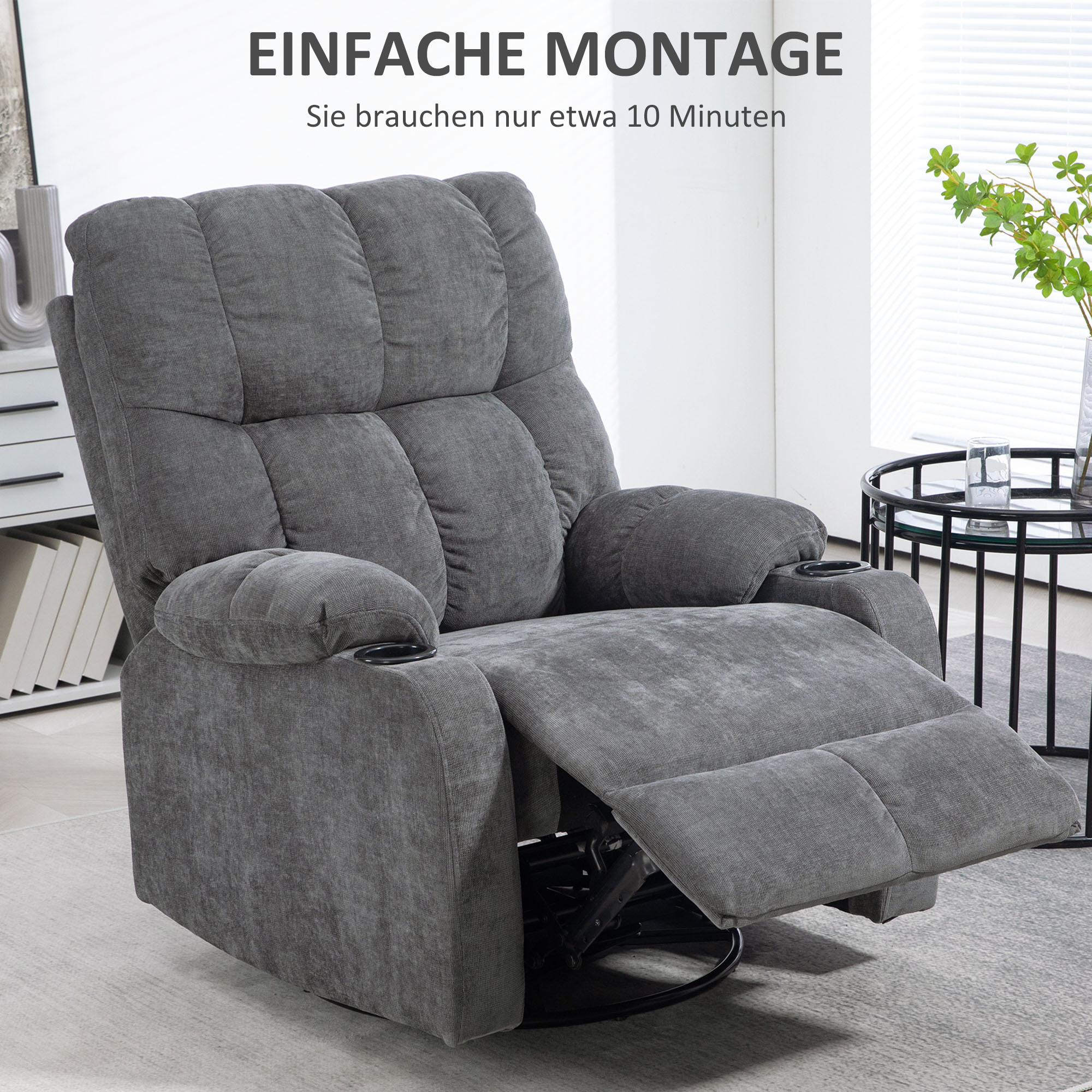 HOMCOM Relaxstoel met Voetsteun, Ligstoel, Draaibaar, tot 150 kg, Stalen Frame, 88x96x108cm, Donkergrijs
