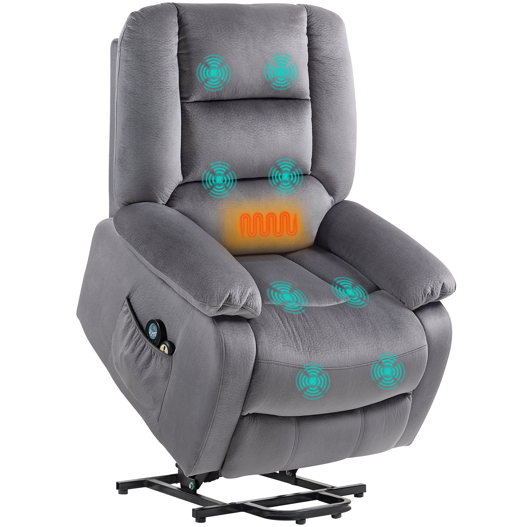 HOMCOM Relaxfauteuil met Opstaan-hulp, Warmte- en Massagefunctie, Afstandsbediening en Zijvak, Donkergrijs