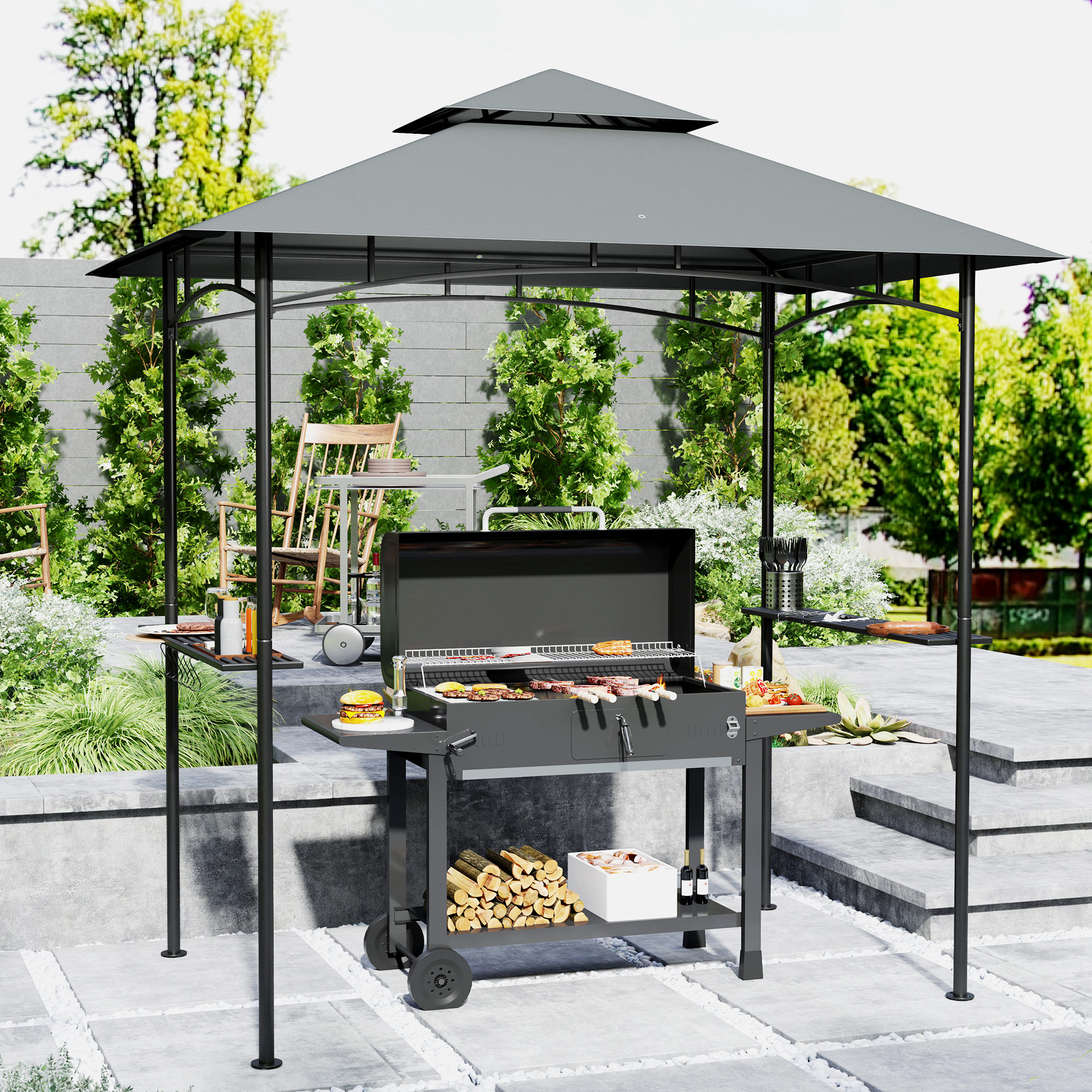Outsunny Grillpaviljoen met LED-verlichting 240 x 150 x 258 cm Waterafstotend en Vlamvertragend Tuinpaviljoen met Dubbellaagsdak