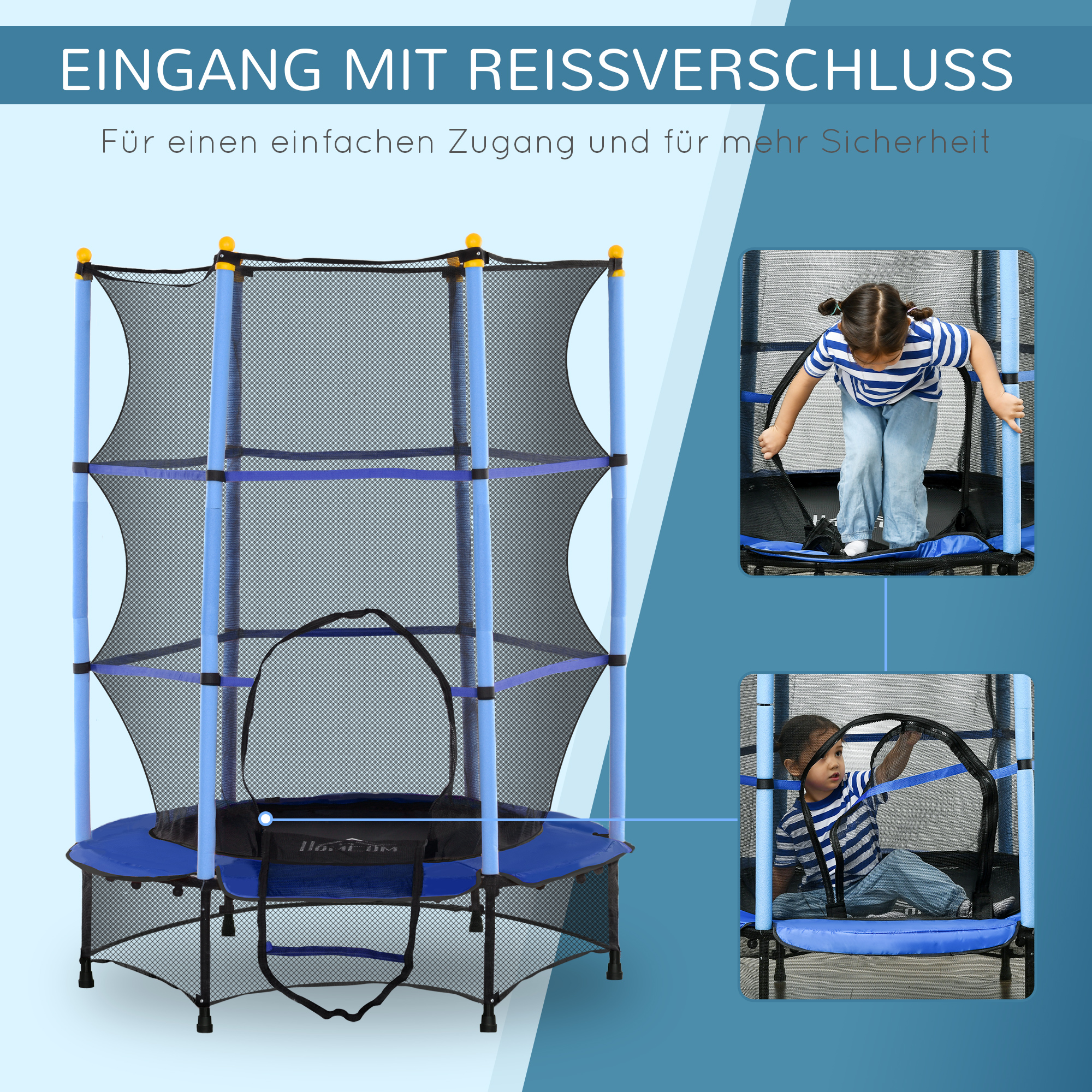 HOMCOM Kindertrampoline, Ø140 cm, met Veiligheidsnet, Binnen en Buiten, Staal, Kunststof, Tot 50 kg Belastbaar, Blauw