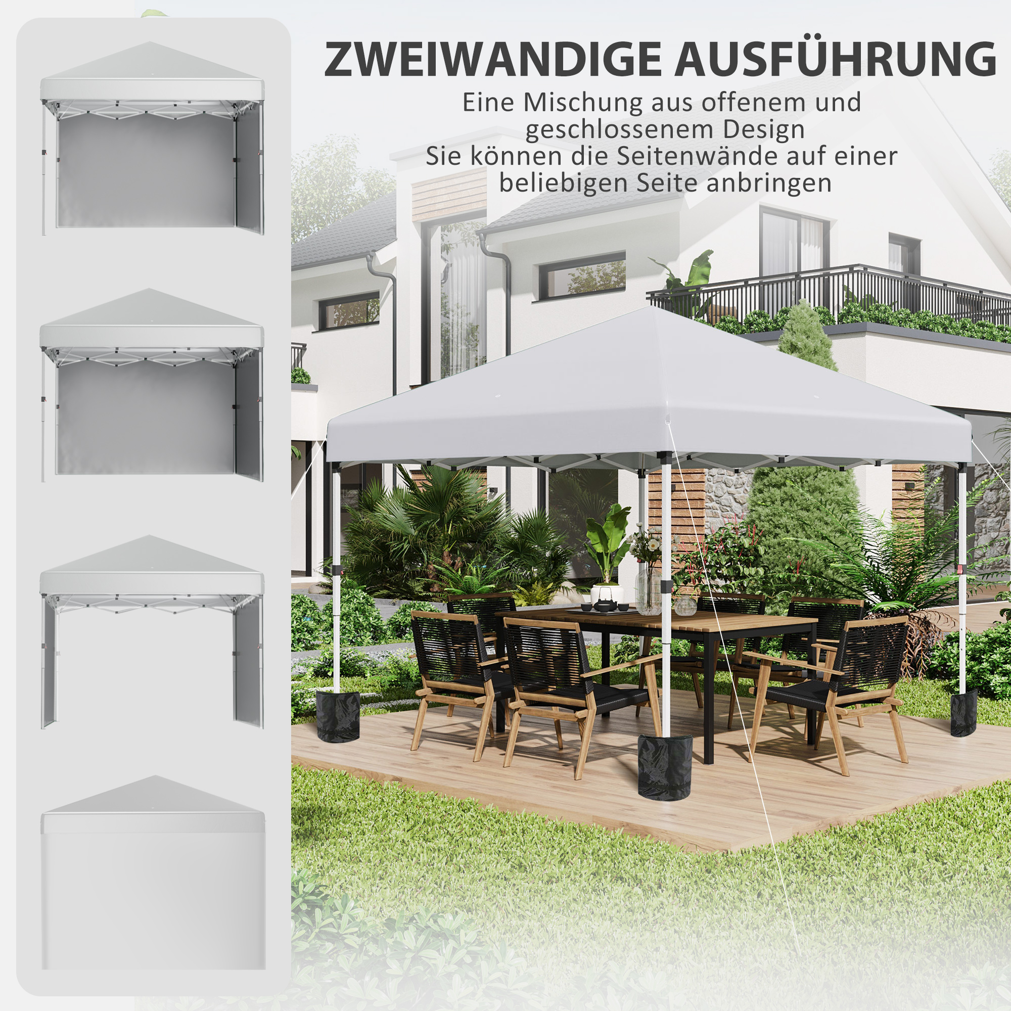 Outsunny Opvouwbare paviljoen met 2 zijwanden, verstelbare hoogte, inclusief draagtas, roestvrij stalen frame, 3x3 m, wit