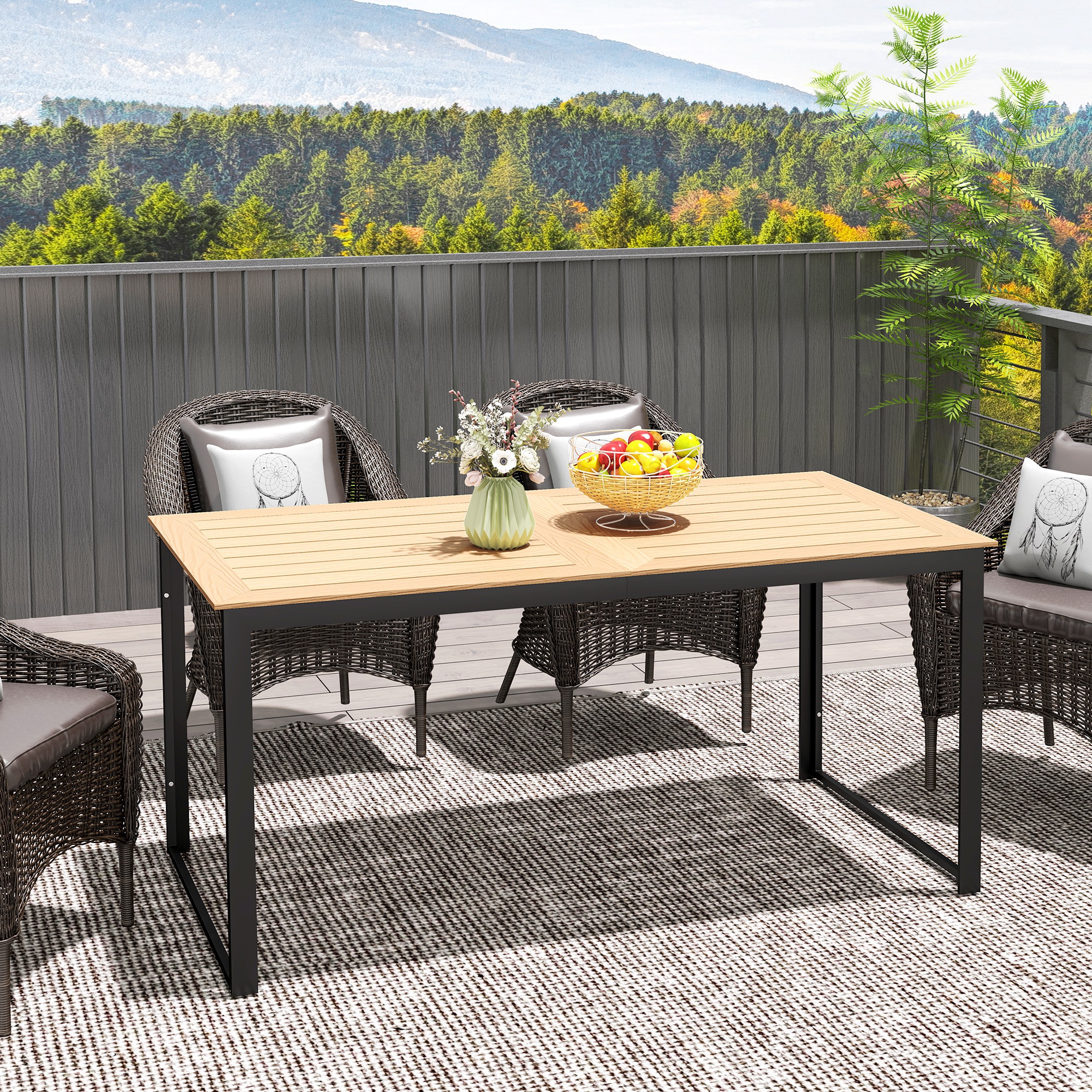 Outsunny Weerbestendige Tuintafel voor 6 - 160 x 80 cm met Lamellen-Tafelblad, Buitentafel in Teak Look