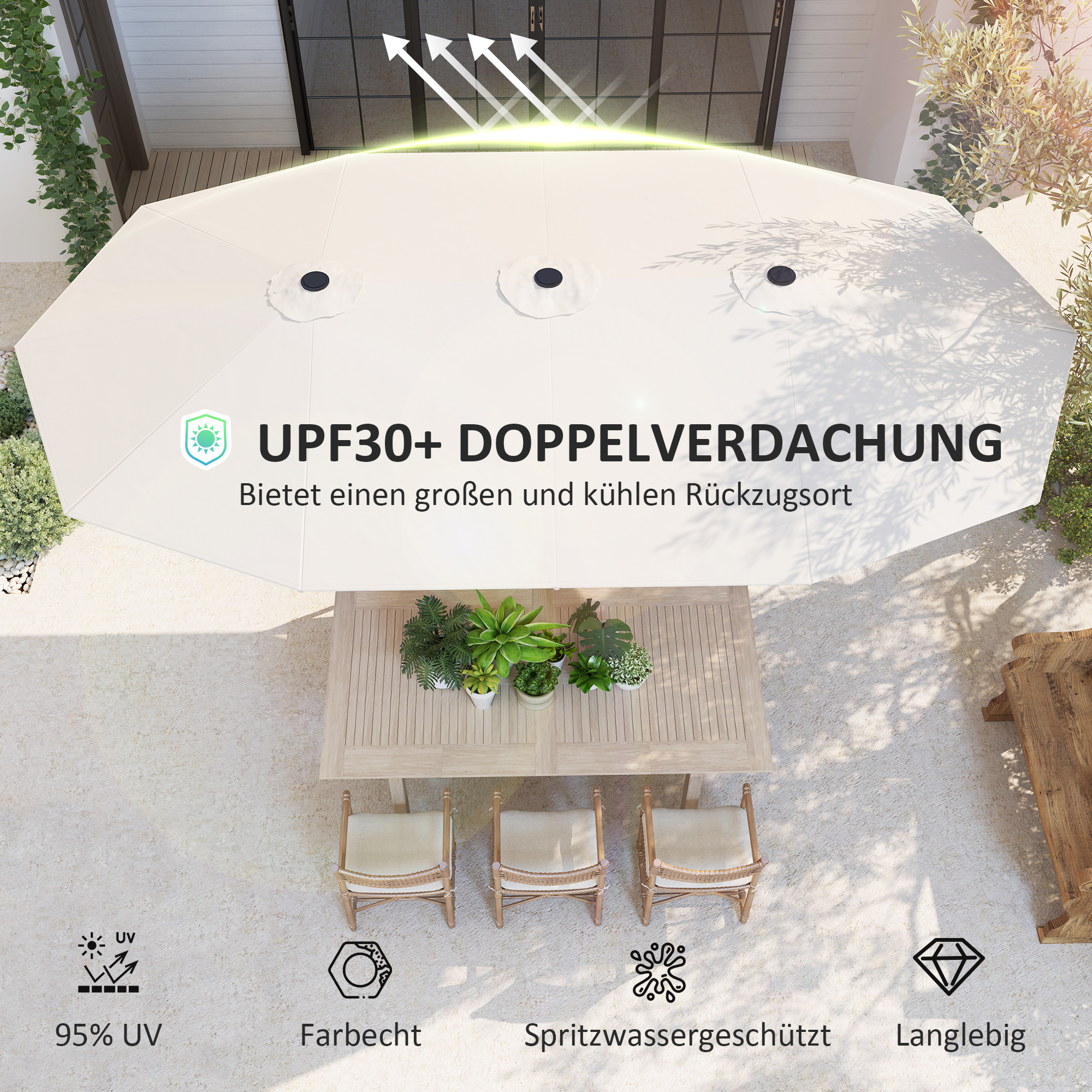Outsunny Dubbelzijdige Parasol 436 x 260 cm met UV-bescherming en Handzwengel, Beige