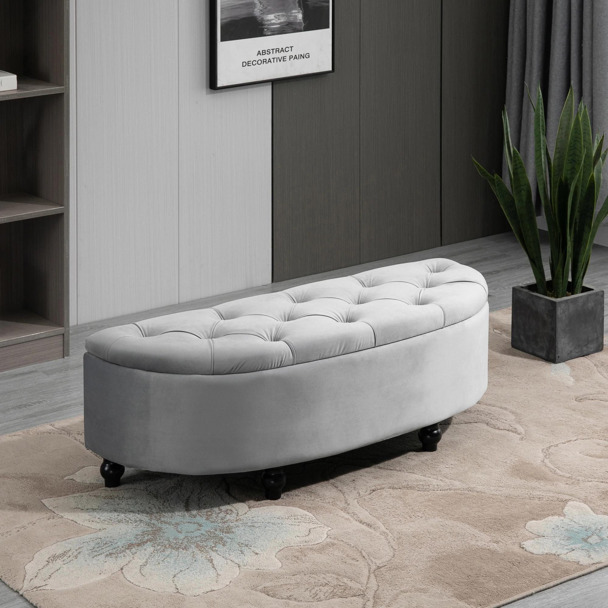 HOMCOM bank ottoman zitbank opbergdoos poef met opbergruimte open deksel voor slaapkamer velvet touch rubber hout grijs 120 x 46 x 42 cm