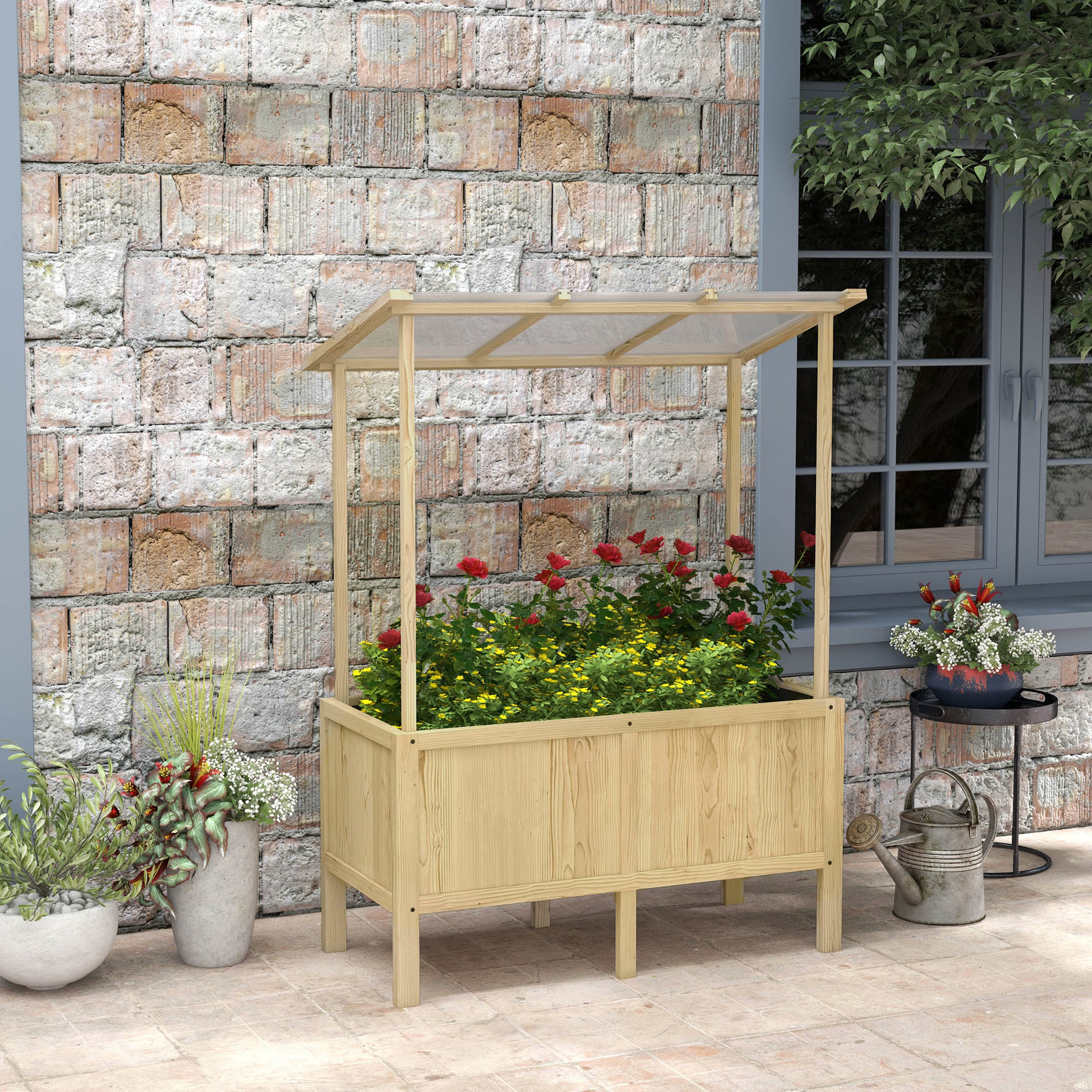 Outsunny Houten verhoogde plantenbak met dak, afwateringsgaten, voering van vliesdoek, weerbestendig, sparrenhout, 110x60x152 cm