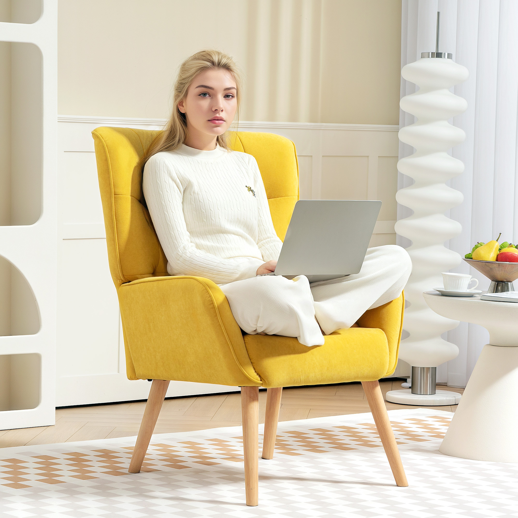 HOMCOM Gestoffeerde fauteuil, Woonkamerstoel met stiksels, Zachte bekleding in Fluweel Look, tot 120 kg, Geel