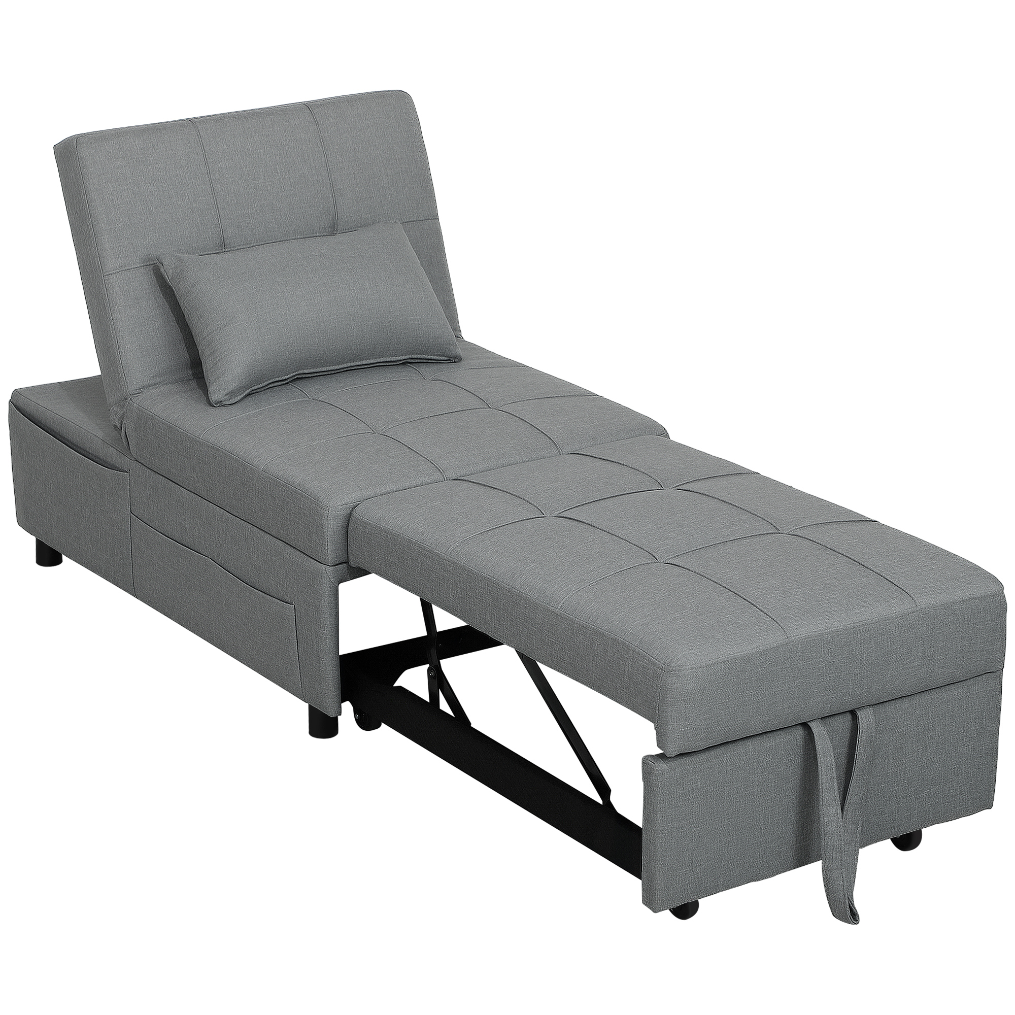 HOMCOM 3-in-1 Opklapbare Fauteuil met Zijvak, Gastenbed met Kussen, Verstelbare Rugleuning, Slaapstoel met Wielen, Lichtgrijs