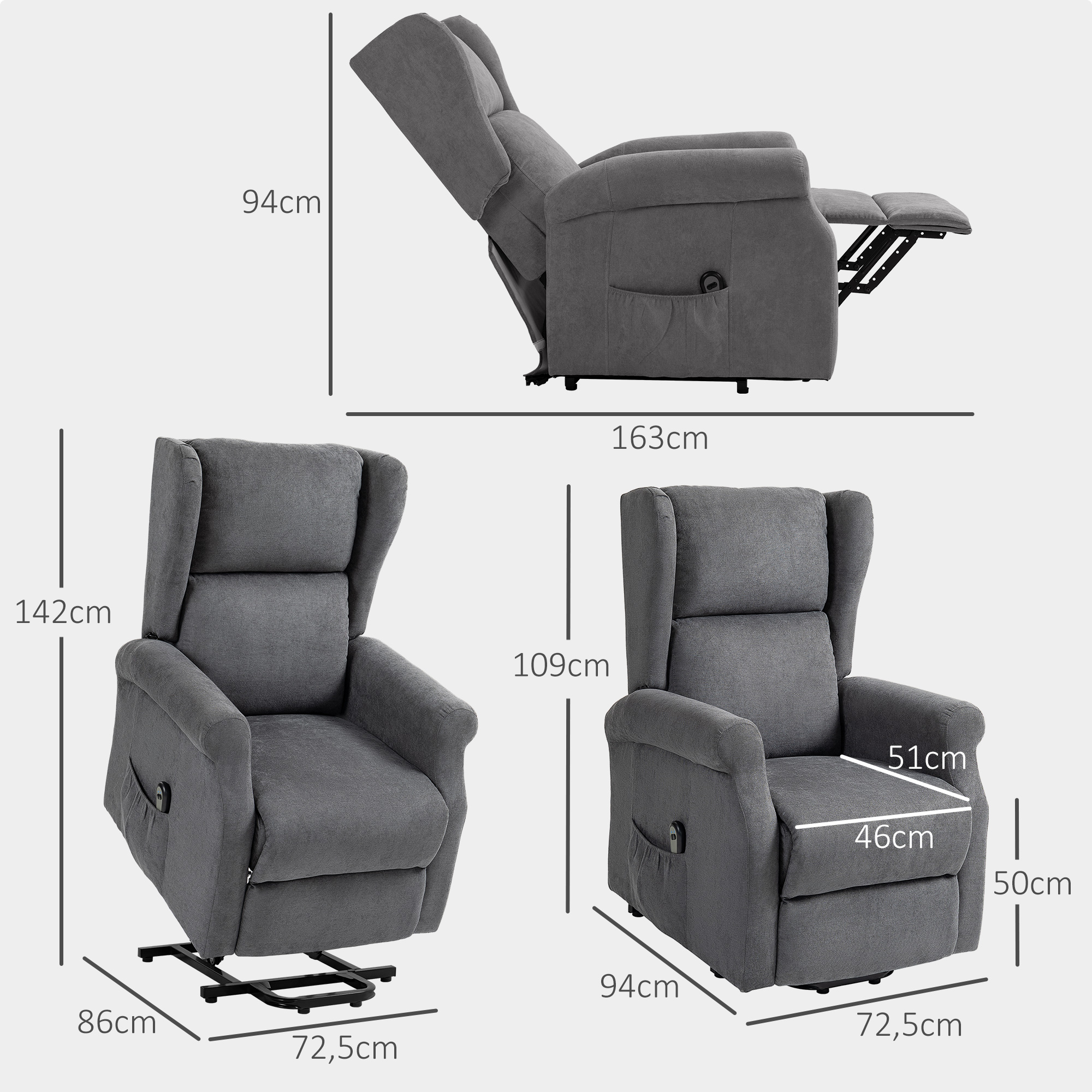 HOMCOM Relaxfauteuil met Opsta-Hulp, Ligfunctie, tot 200kg, 72,5x94x109cm, Donkergrijs