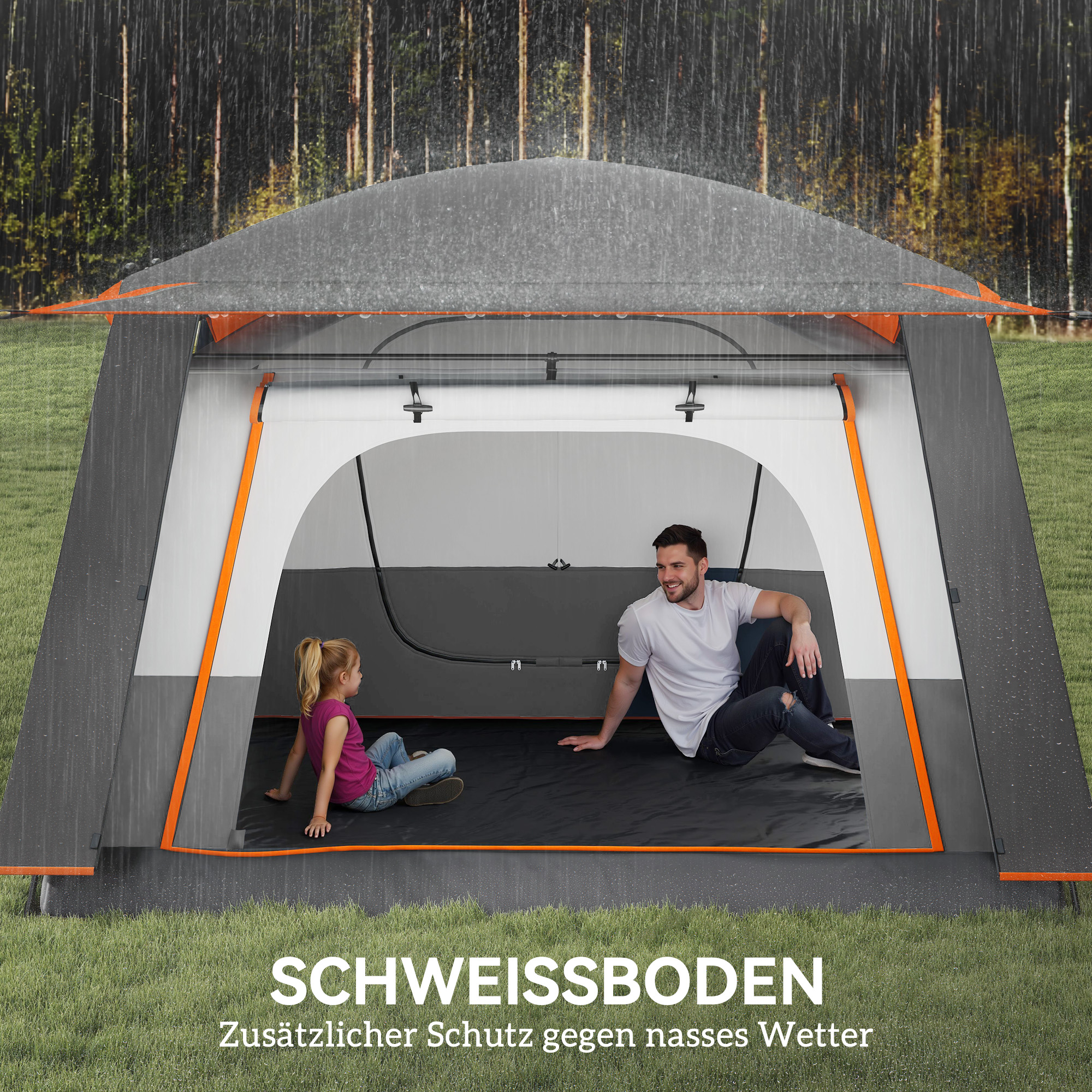 Outsunny Kampeertent voor 4-6 Personen - Waterdicht en Stevig Met Voorportaal en Grondzeil - Donkergrijs