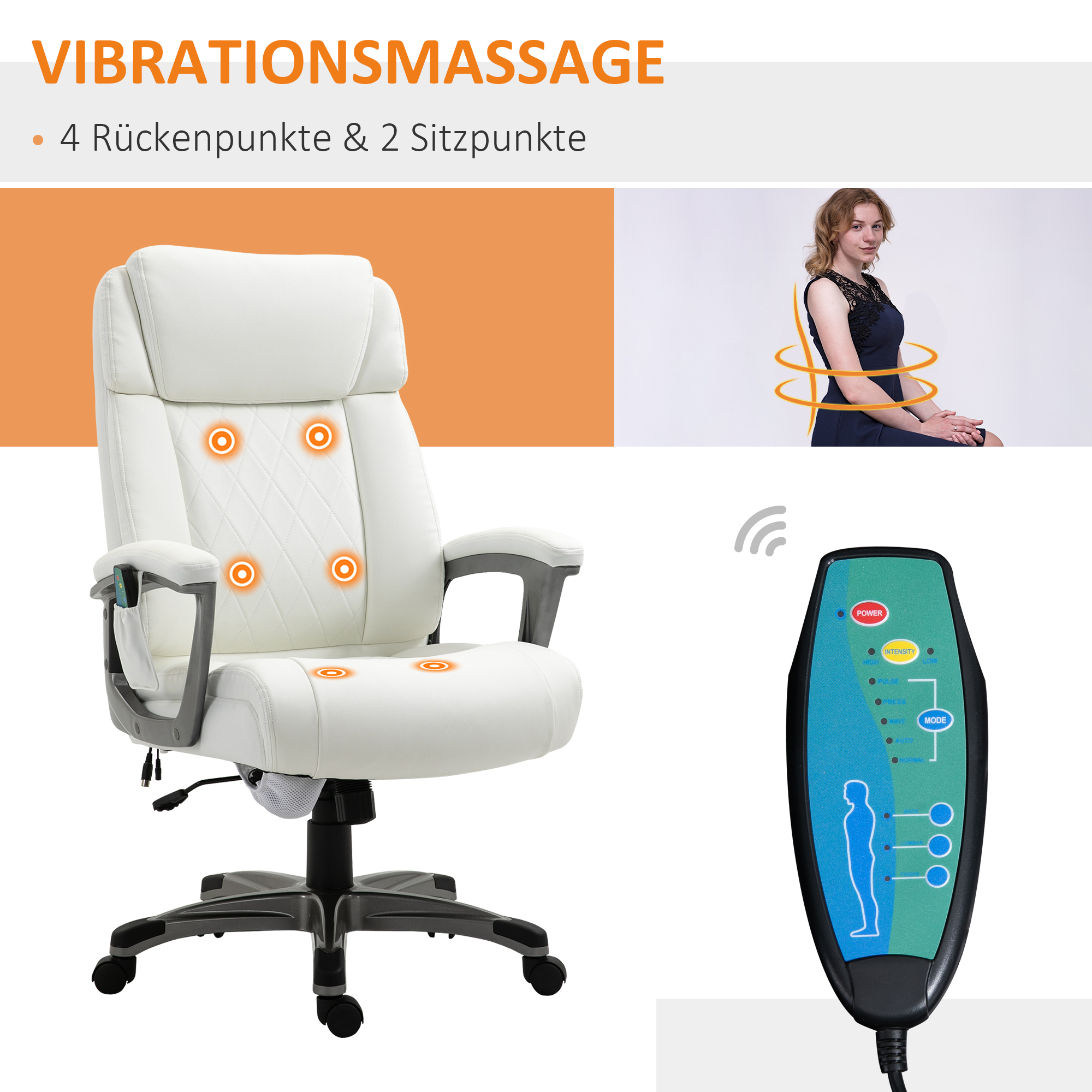 Vinsetto massage bureaustoel 6-punts draaibare massagestoel gemaakt van kunstleer met gebogen hoofdsteun en armsteun wit 70 b x 76,5 d x 114-124 h cm