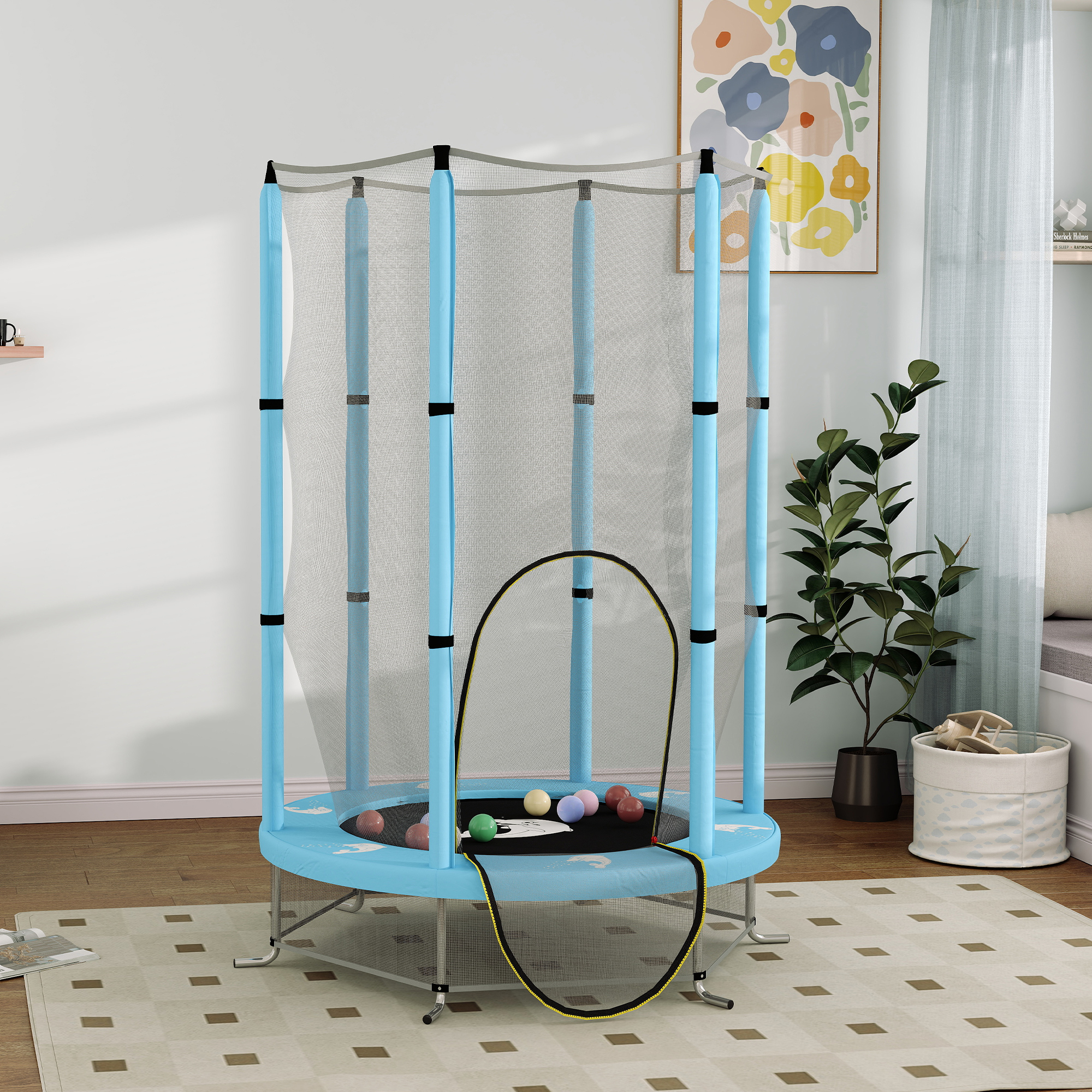 AIYAPLAY Kindertrampoline met Veiligheidsnet, Voor Binnen- en Buitengebruik, 3-6 Jaar, Lichtblauw