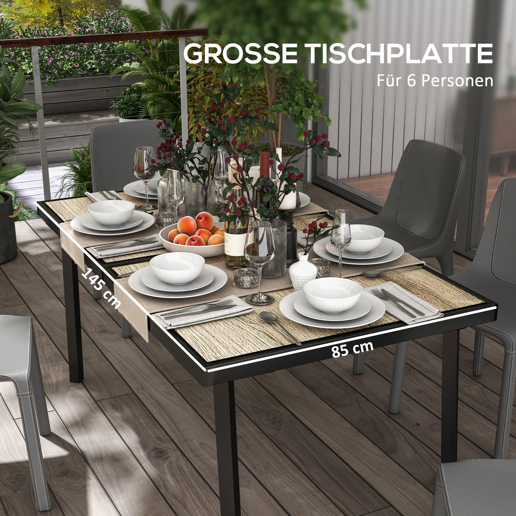 Outsunny Buitentafel voor 6 personen, houtlook, metalen frame, weerbestendig, 145 x 85 x 72 cm, Grijs