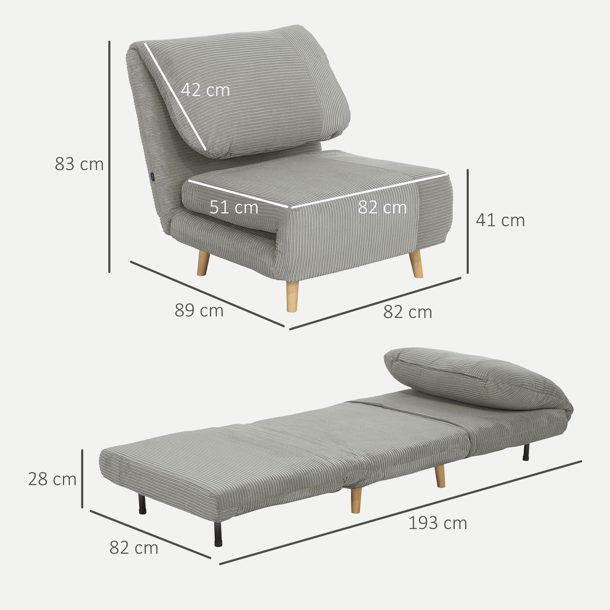 HOMCOM 2-in-1 Slaapstoel Logeerbed, verstelbare hoofdsteun in corduroylook 82 cm x 89 cm x 83 cm Grijs