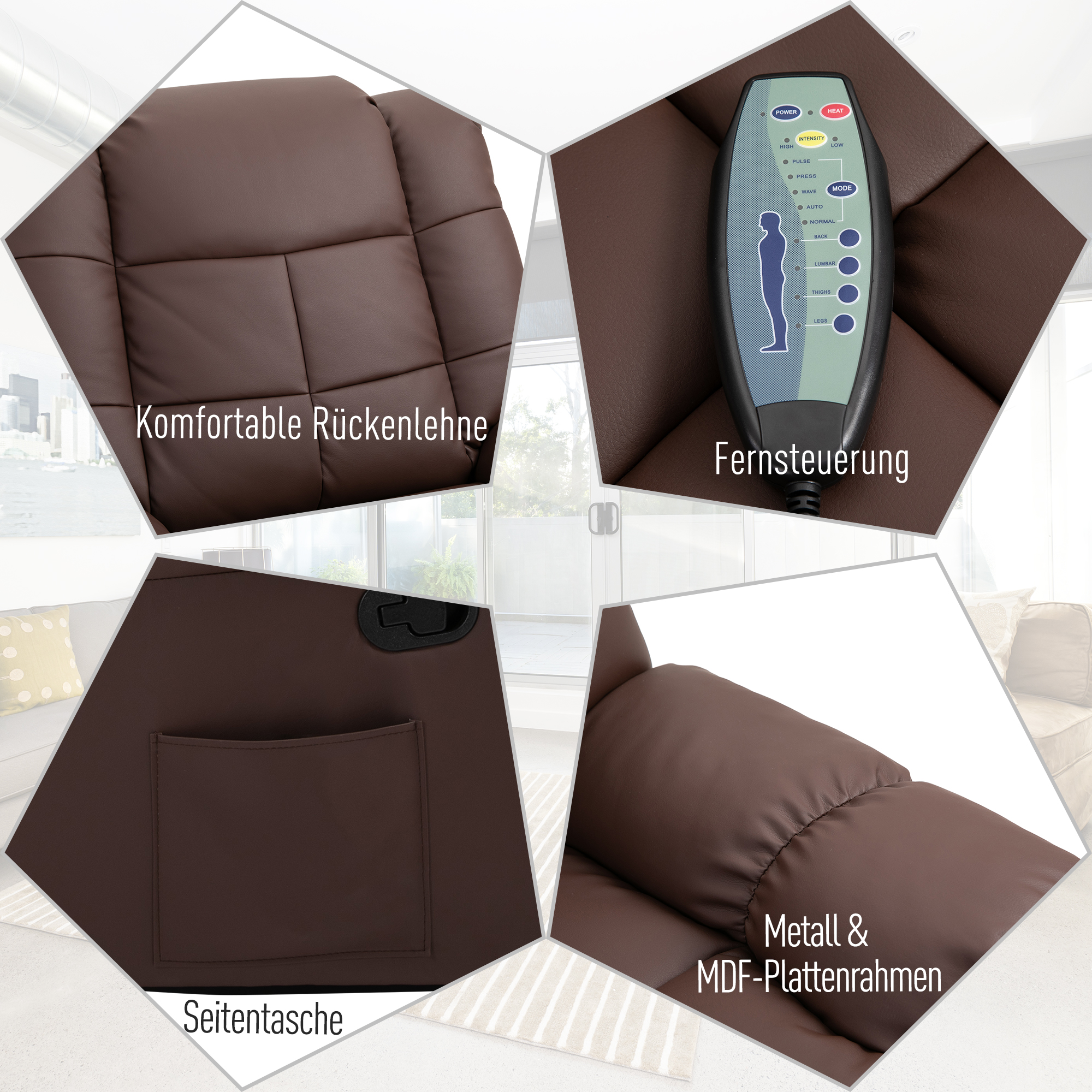 HOMCOM massagestoel tv-stoel relaxstoel met massagefunctie kunstleer hout metaal schuimstof bruin 94 x 99 x 99 cm