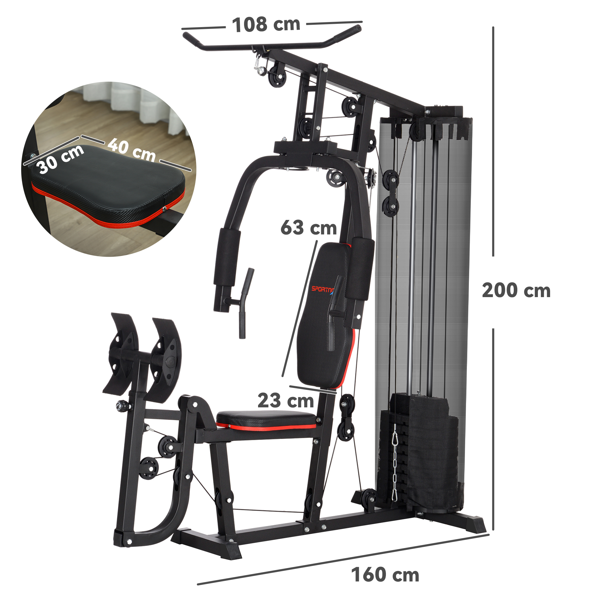 SPORTNOW Thuis Fitnessstation met 45 kg Gewichtsblokken, Lat Pulley, Borststation, Beinpresse voor Veelzijdige Training