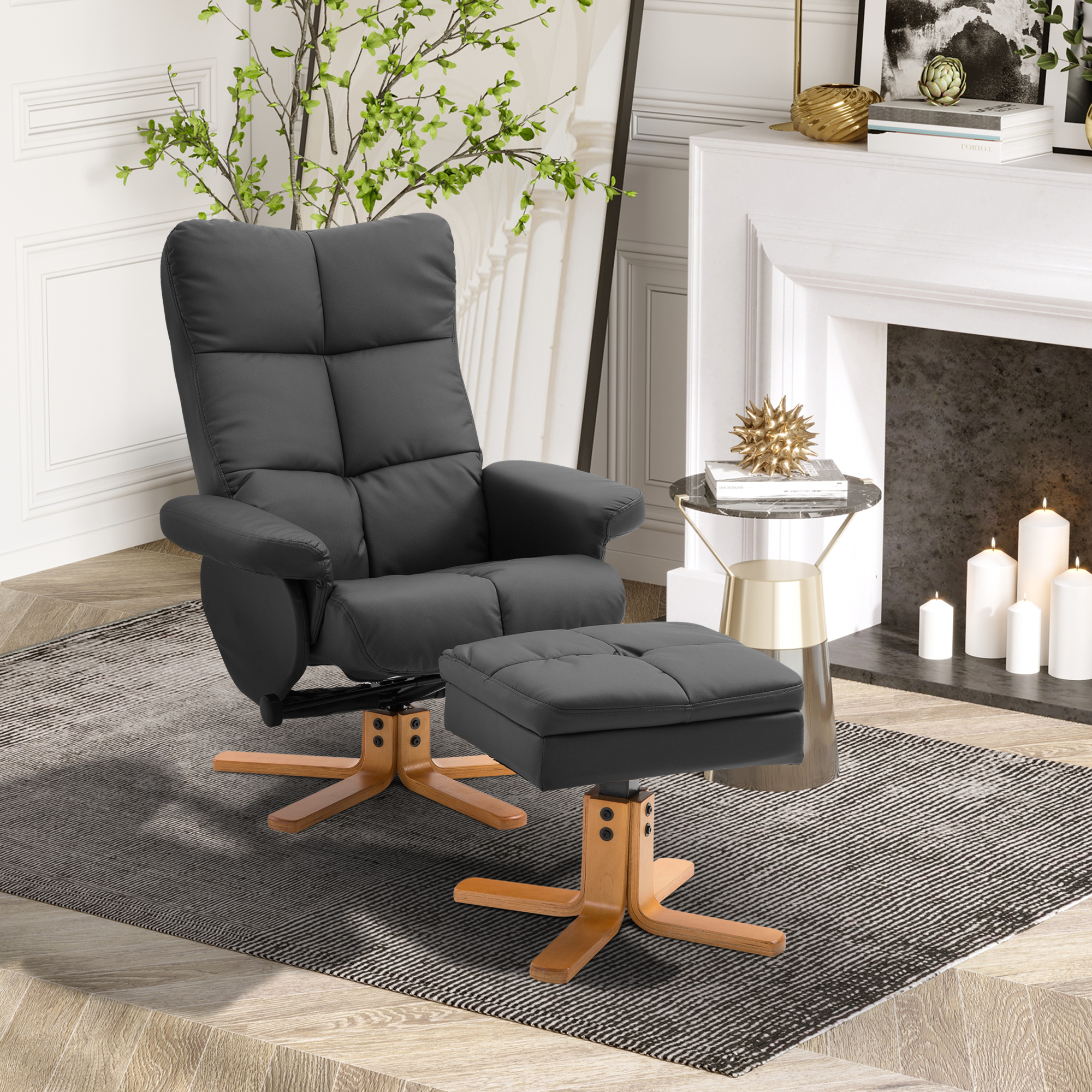 HOMCOM Relaxstoel met kruk tv-stoel 360° draaibaar ligfunctie hout zwart