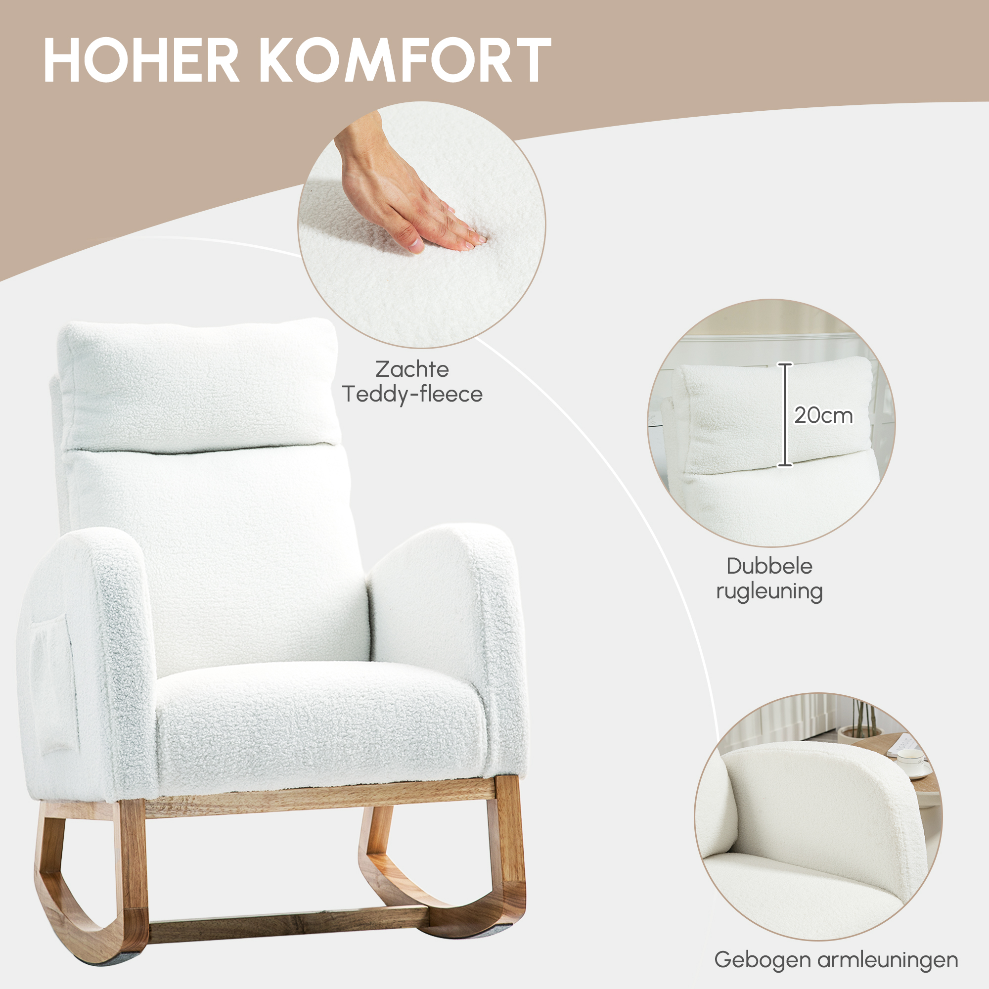 HOMCOM Schommelstoel, Relaxstoel, Dikke Vulling, Knusse Bekleding, Houten Frame, tot 120 kg Draagvermogen, Crèmewit
