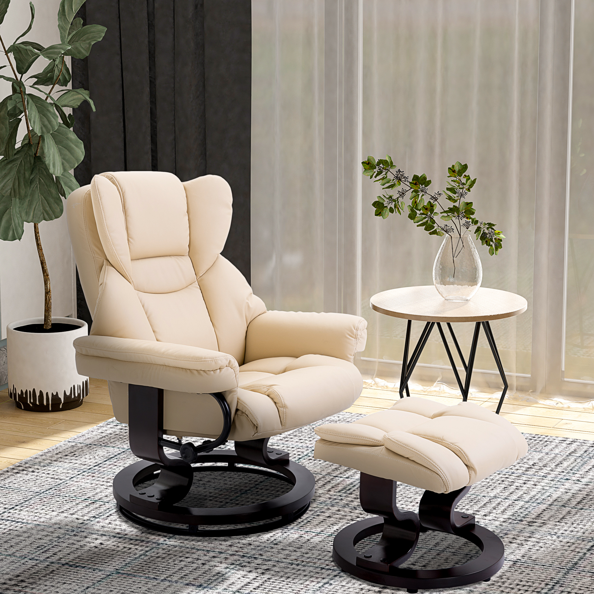HOMCOM Fauteuil met kruk, ligfunctie, draaibaar, tot 160 kg, kunstleer, metalen frame, crème, 80 x 79 x 100 cm