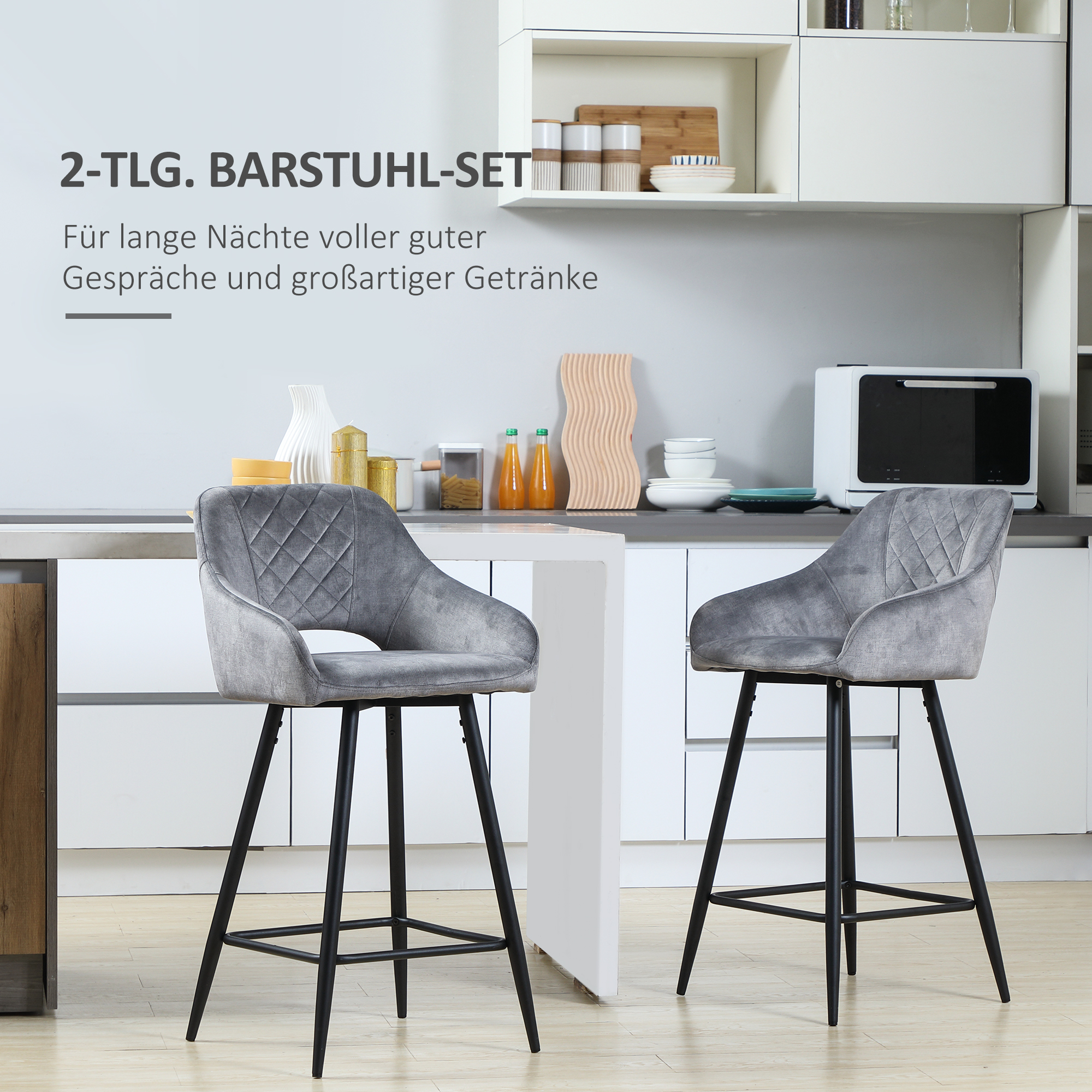 HOMCOM set van 2 barkrukken in retrostijl, fluwelen look, inclusief voetsteun 50 cm x 53 cm x 94 cm grijs