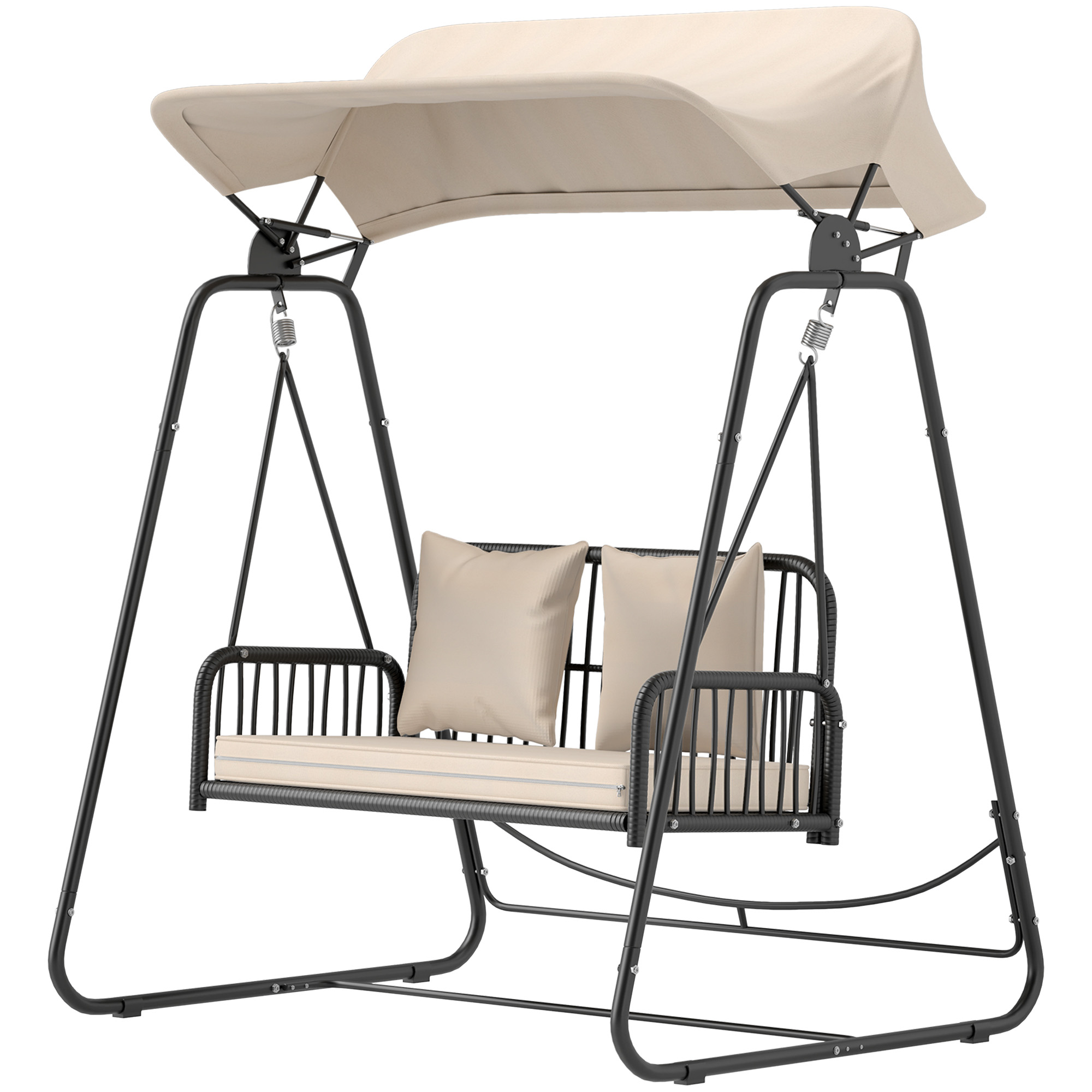 Outsunny Rattan Hollywoodschommel voor 2 Personen met Zonnedak en Kussens, Belastbaar tot 240 kg, 149 x 121 x 180 cm, Khaki
