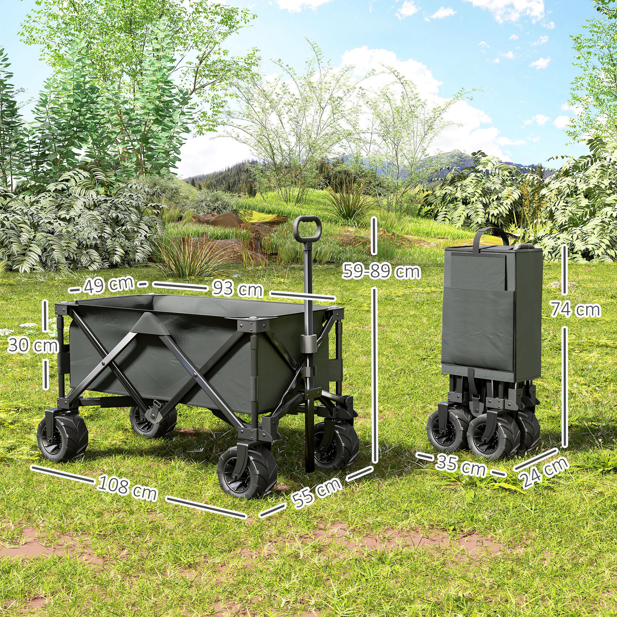 Outsunny handkar opvouwbare handkar 360° tuinwagen transportwagen met telescopisch handvat in hoogte verstelbare handgreep strandwagen metaal Oxford donkergrijs 108 x 53 x 59-89 cm