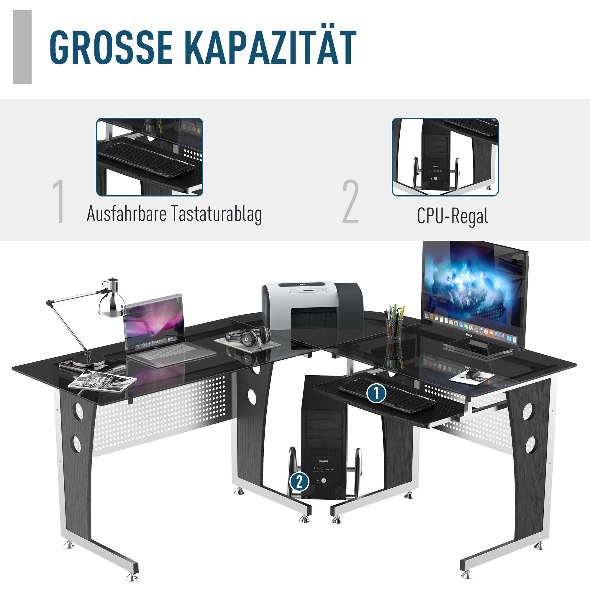 HOMCOM Computertafel hoekschrijftafel PC-tafel kantoortafel met veiligheidsglas